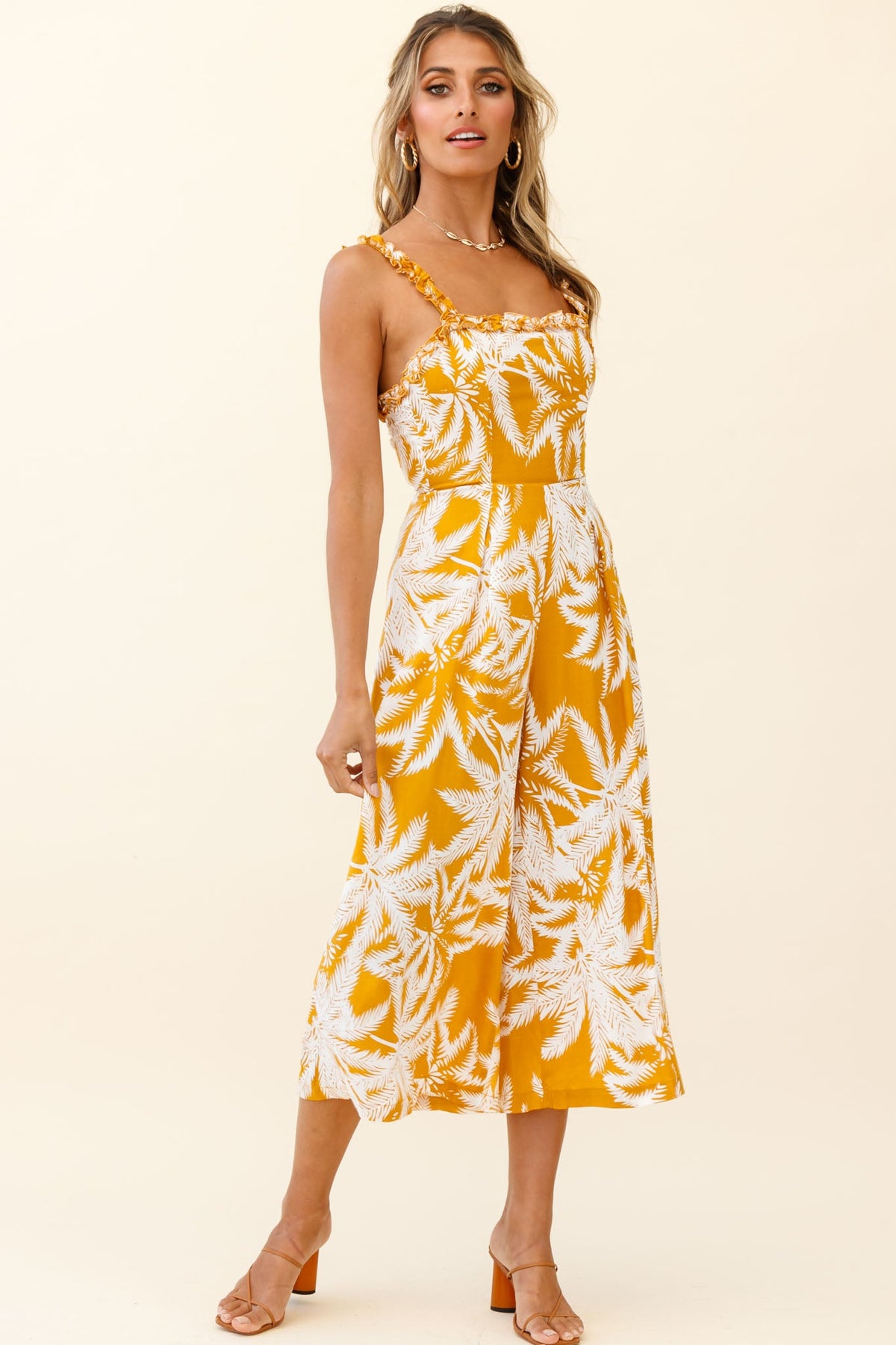 Magdalene Frill Strap Midi Jumpsuit Palm Print Yellow