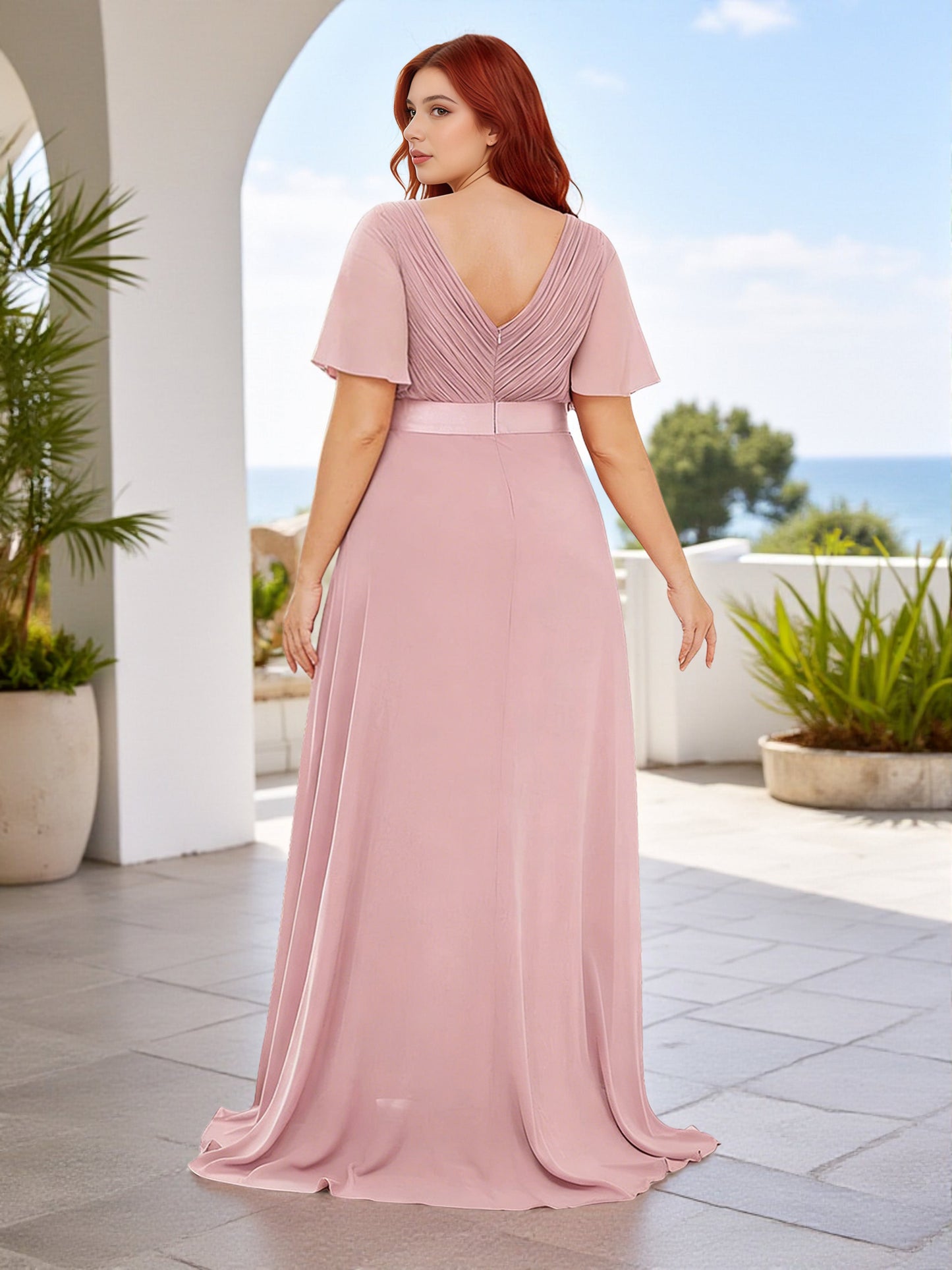 Cicinia Dusty Rose Bridesmaid Dresses Long Chiffon A-line V-neck Floor Length Pleats Plus Size