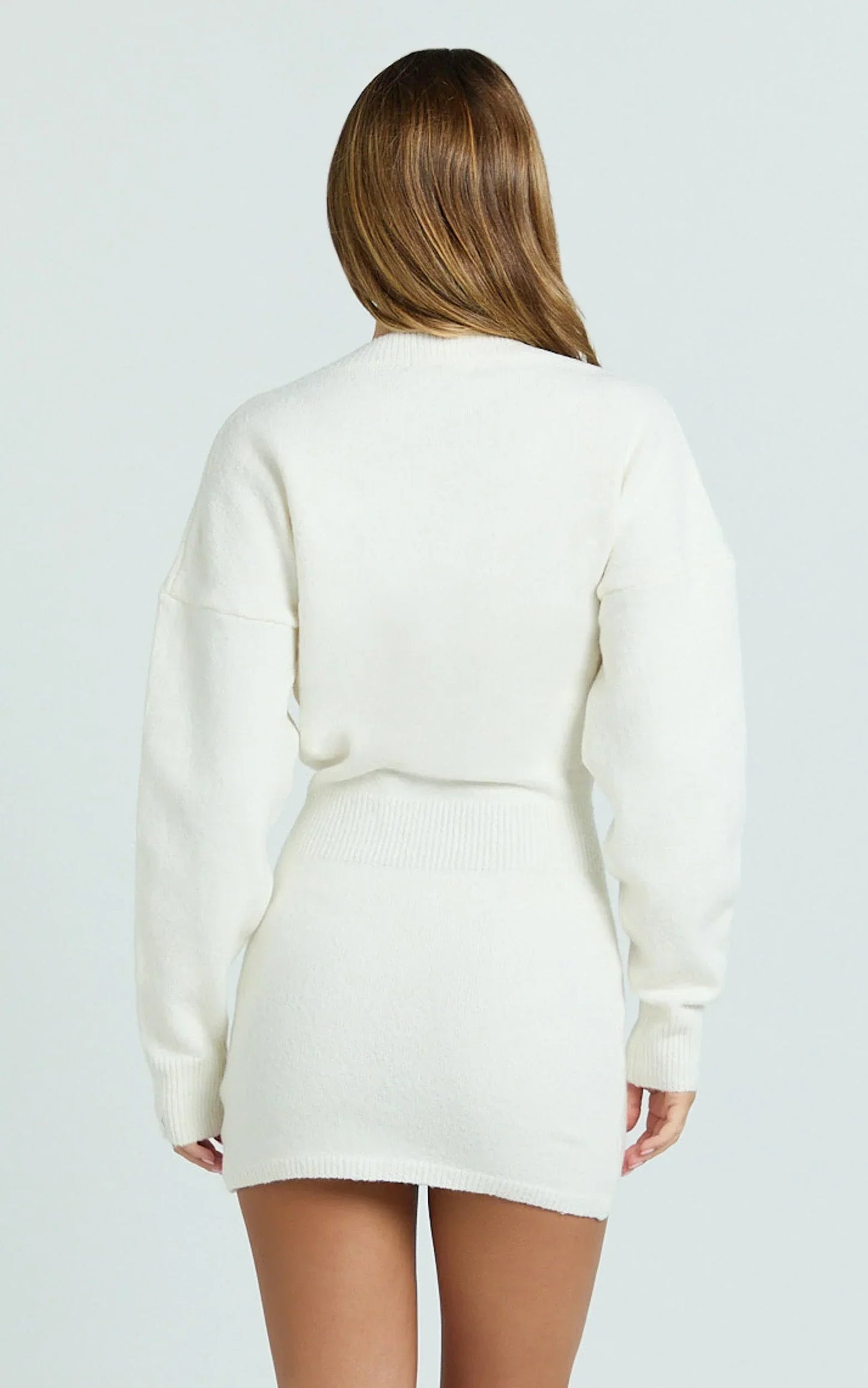 Demelza Mini Dress - Knit Button Down Blouson Cardigan Mini Dress in Cream