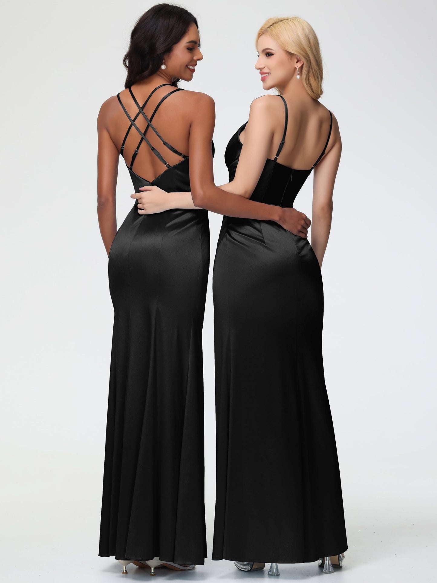 Black Bridesmaids Dresses Charming Spaghetti Straps Pleated Stretch Satin Bridesmaid Dress With Slit