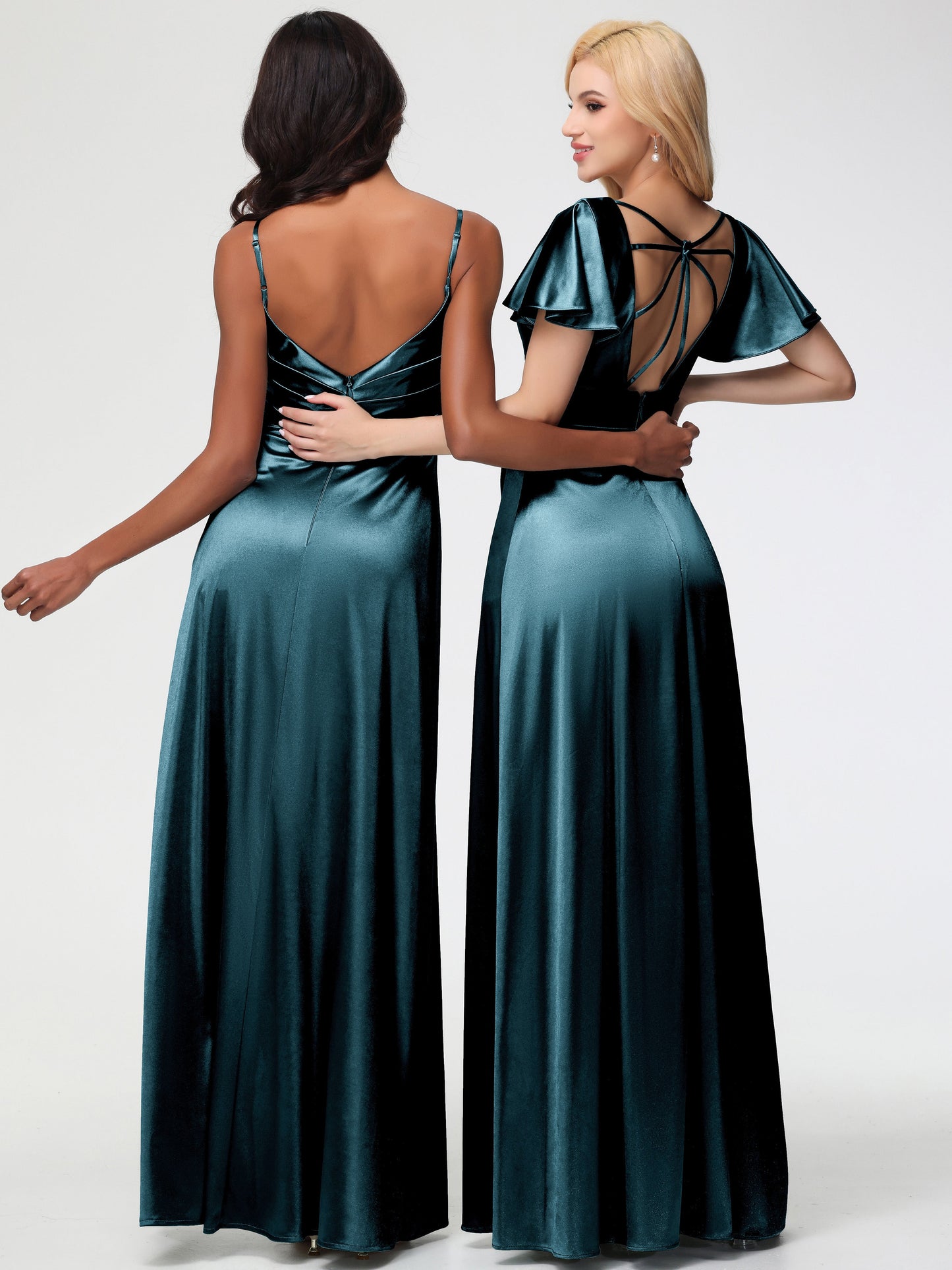 Peacock Colour Bridesmaid Dresses Deep V-Neck Short Sleeves Stretch Satin Bridesmaid Dress With Split