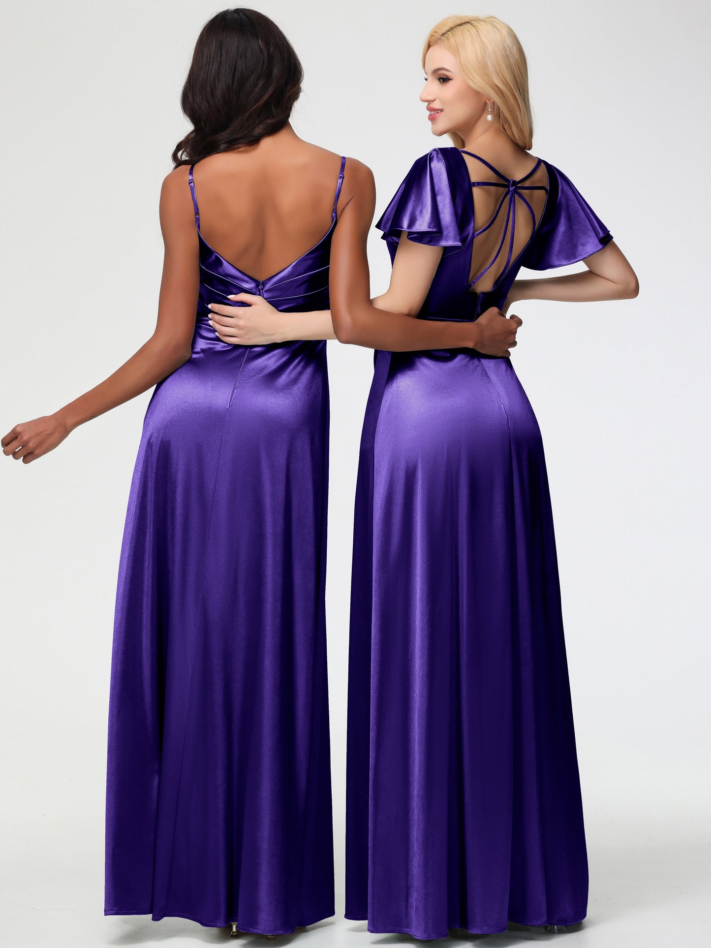 Regency Bridesmaid Dresses Deep V-Neck Short Sleeves Stretch Satin Bridesmaid Dress With Split