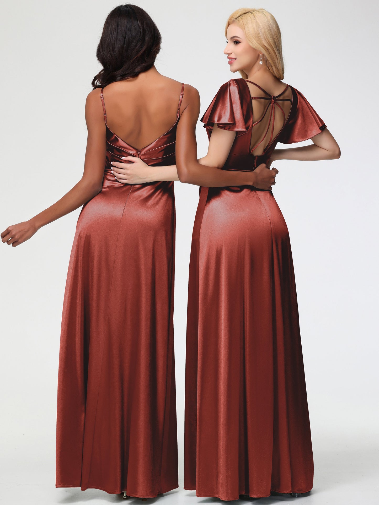 Rust Coloured Bridesmaid Dresses Deep V-Neck Short Sleeves Stretch Satin Bridesmaid Dress With Split
