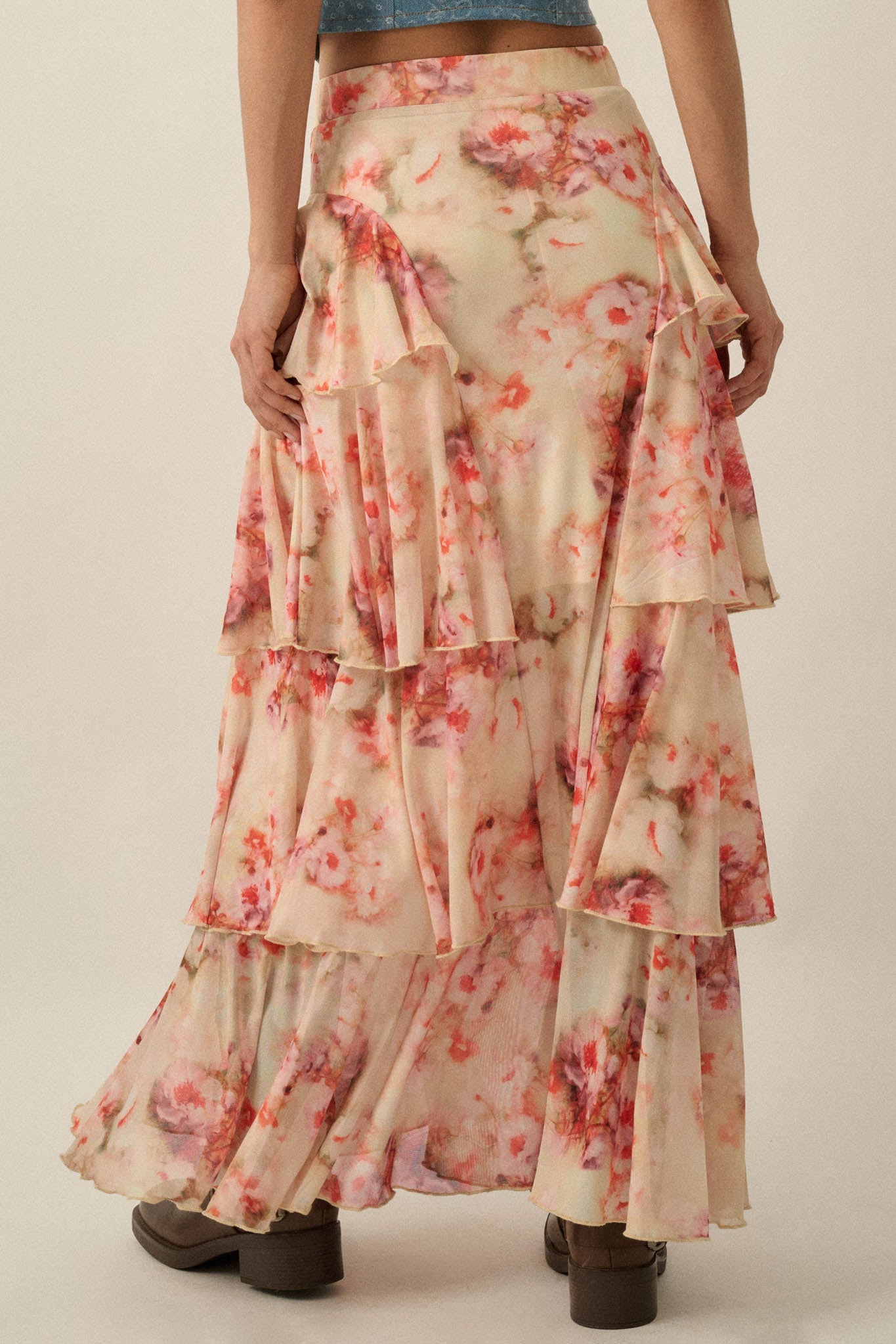 Rosy Blooms Floral Mesh Tiered Ruffle Maxi Skirt