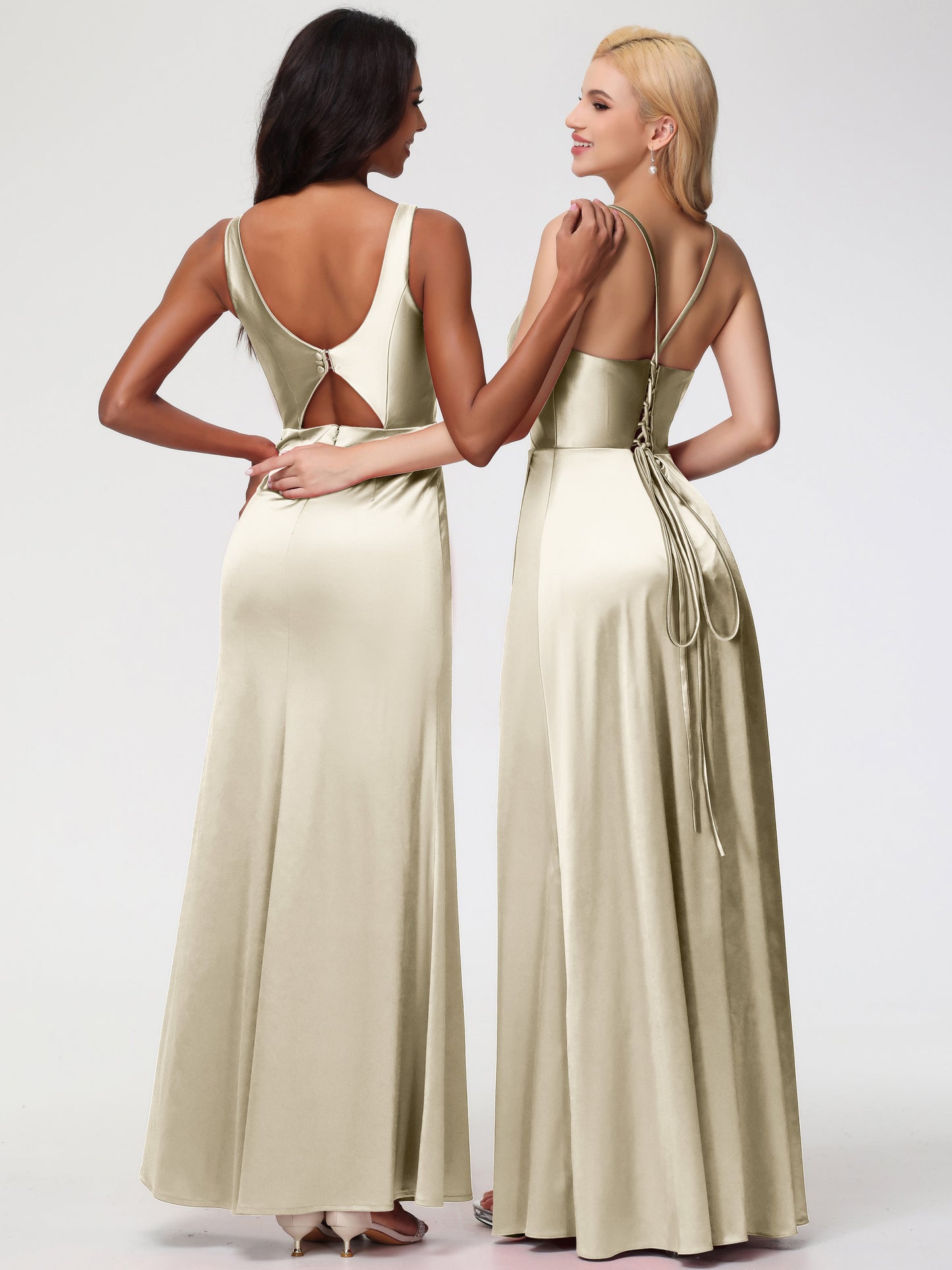 Champagne Gold Bridesmaid Dresses Halter Straps V-Neck Lace Up Back Stretch Satin Bridesmaid Dress With Slit