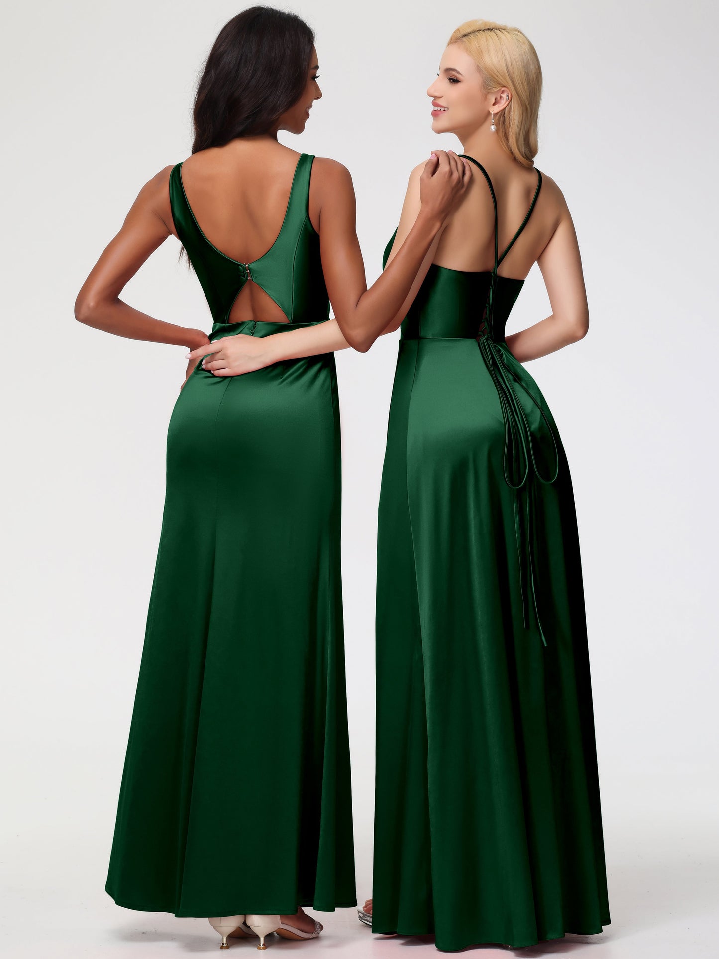 Dark Green Bridesmaid Halter Straps V-Neck Lace Up Back Stretch Satin Bridesmaid Dress With Slit