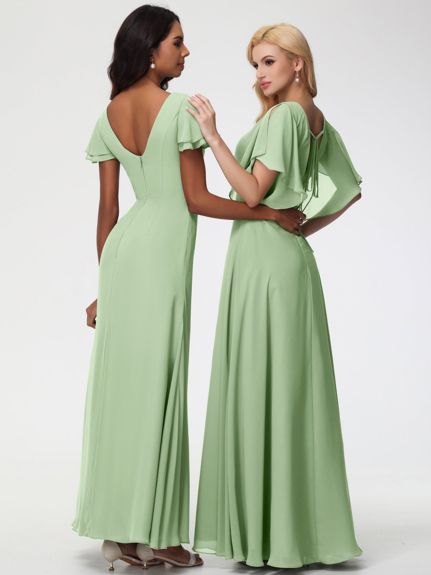 Dusty Sage Bridesmaid Dresses A-Line Short Sleeves V Neck Sequined Empire Waist Long Chiffon Bridesmaid Dresses
