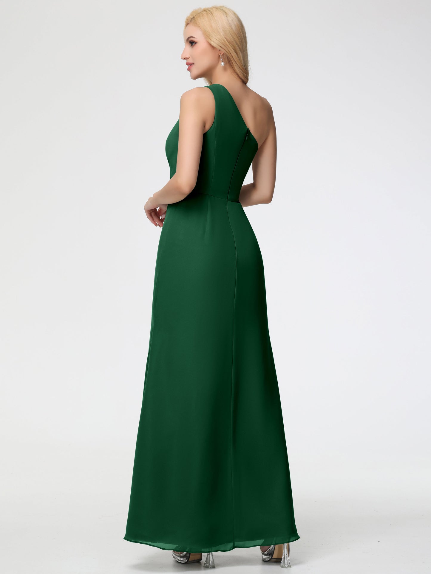 Bridesmaid Dress Dark Green One Shoulder Sheath/Column Ruched Chiffon Bridesmaid Dresses with Slit