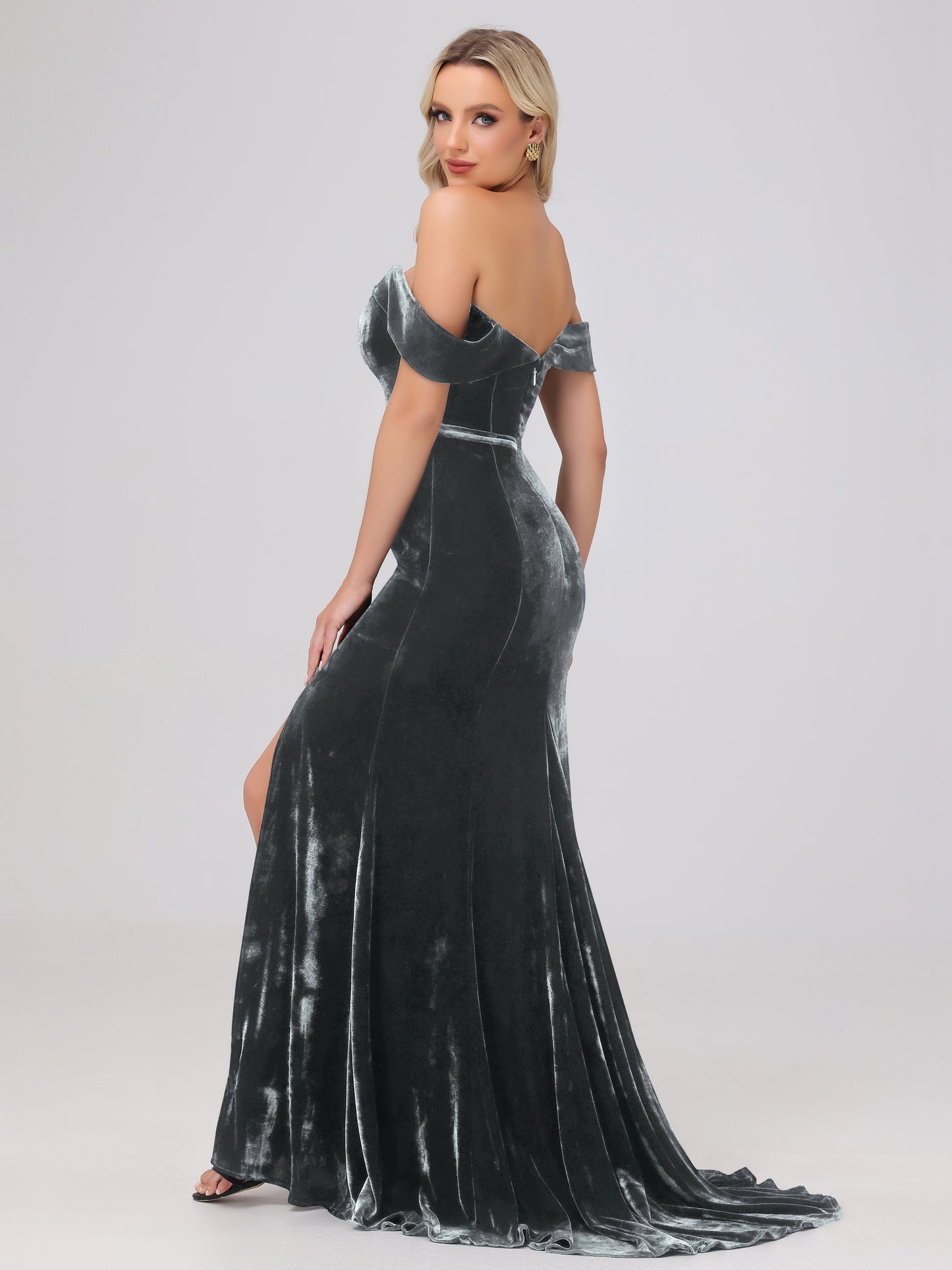 Mermaid Off the Shoulder Zipper Back Velvet Bridesmaid Dresses with Slit