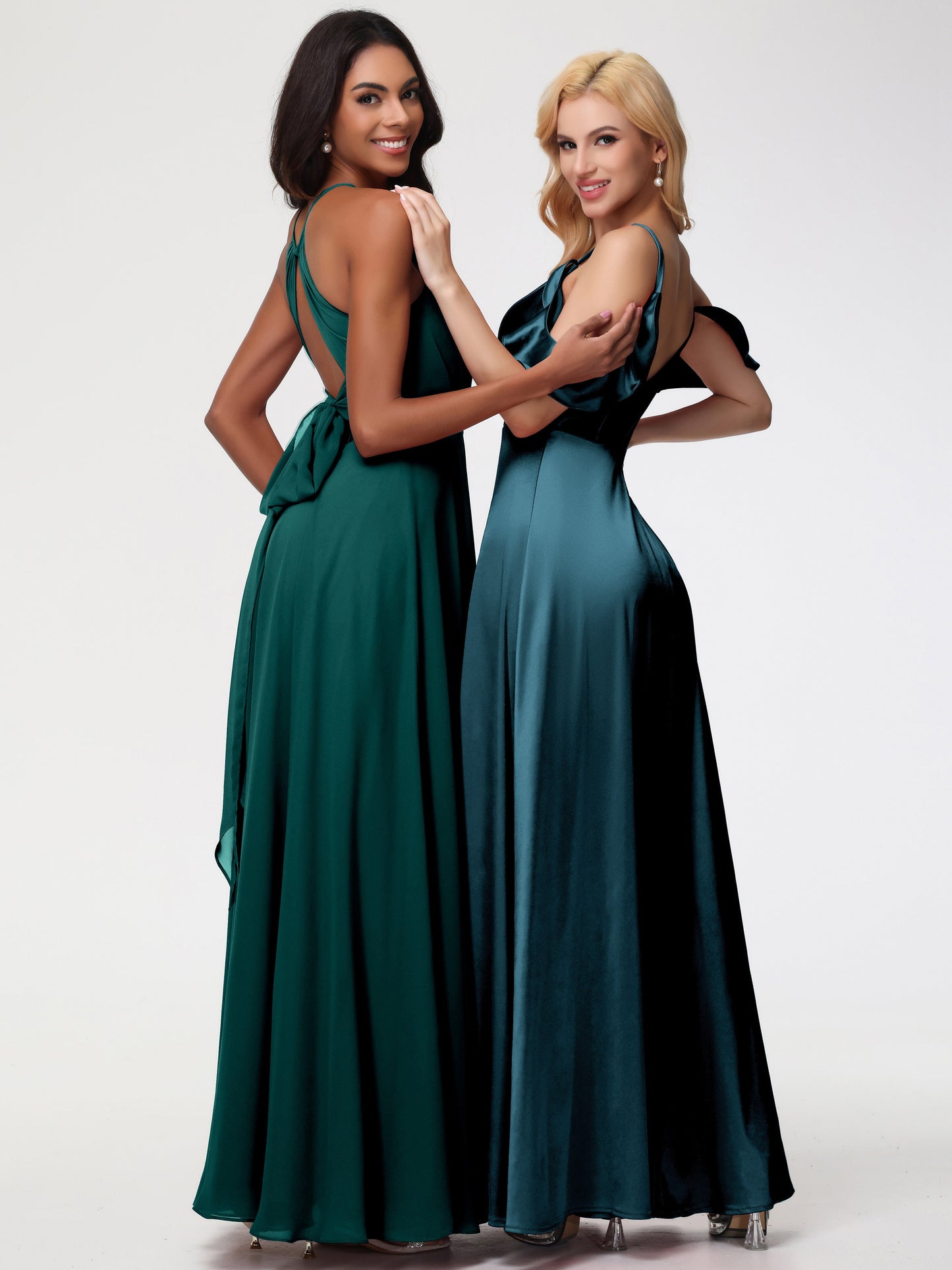 Peacock Bridesmaids A Line Off The Shoulder V-Neck Stretch Satin Bridesmaid Dress With Slit