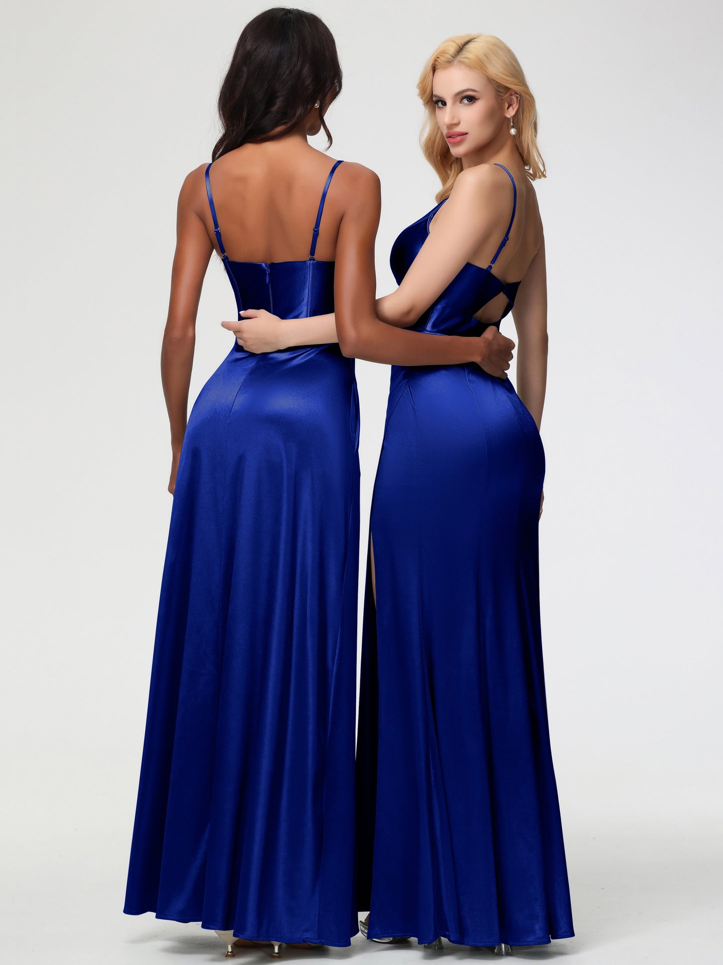 Royal Blue Bridesmaid Dresses Spaghetti Straps V-Neck Sheath Stretch Satin Bridesmaid Dress With Split