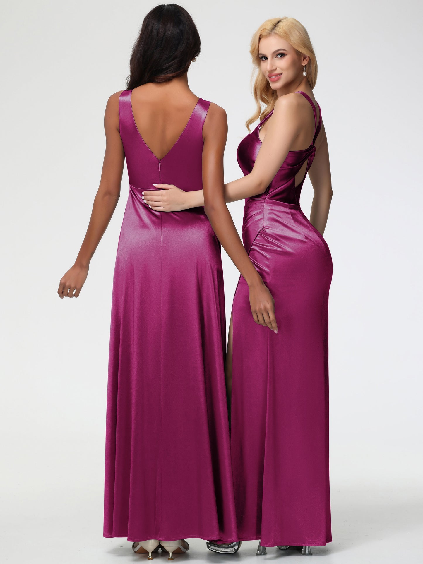 Bridesmaids Dresses In Fuchsia Sleeveless Stretch Satin V-Neck Floor Length A Line Long Stretch Satin Bridesmaid Dresses