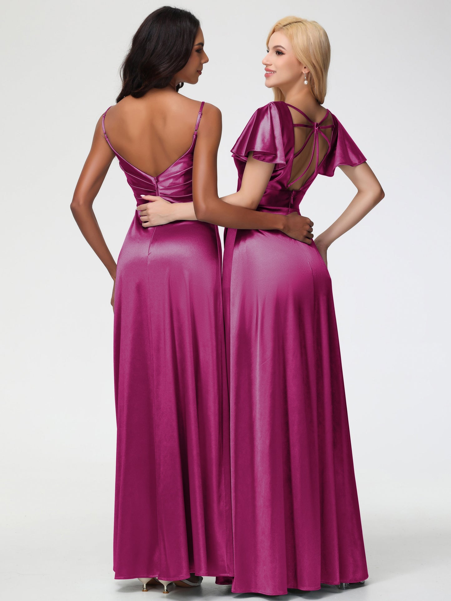 Fuchsia Color Bridesmaid Dress Spaghetti Straps Pleated Sleeveless V-Neck Long Stretch Satin Bridesmaid Dresses