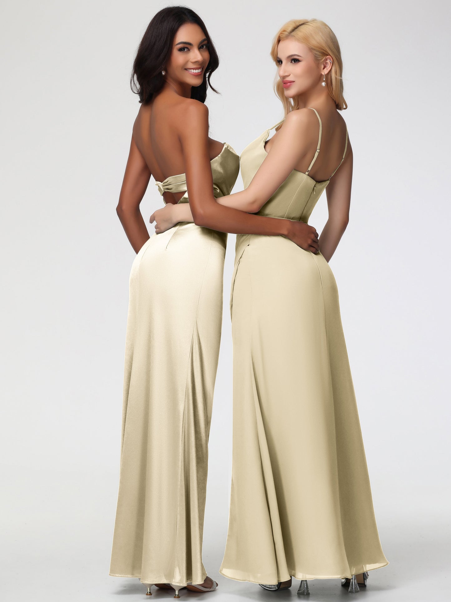 Bridesmaids Champagne Dresses Strapless Sheath/Column Pleats Stretch Satin Bridesmaid Dress With Slit