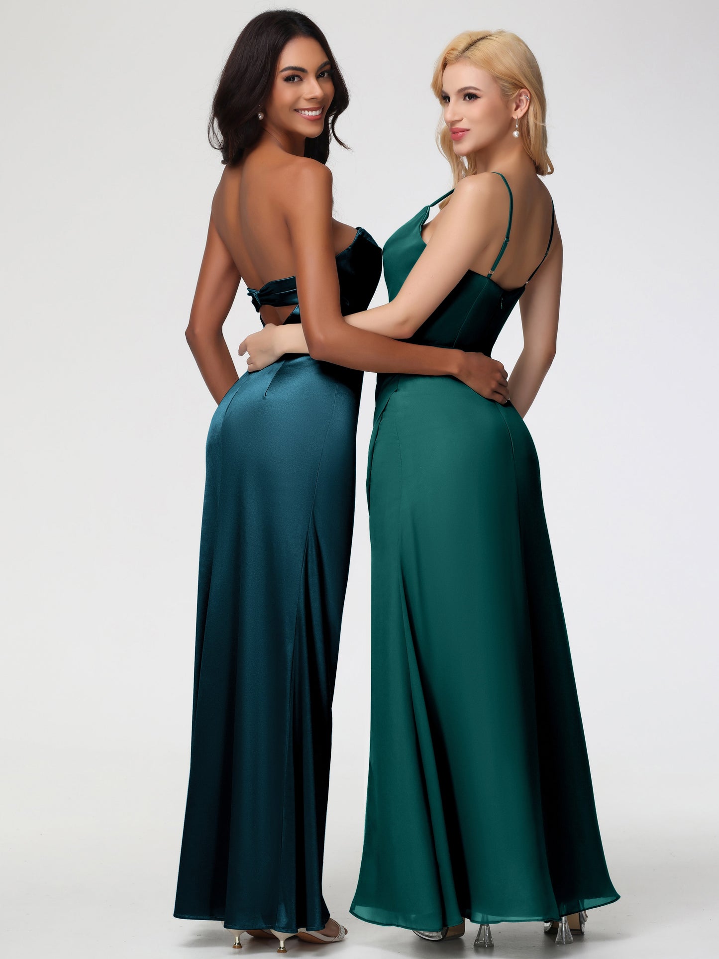 Bridesmaid Dresses Peacock Strapless Sheath/Column Pleats Stretch Satin Bridesmaid Dress With Slit