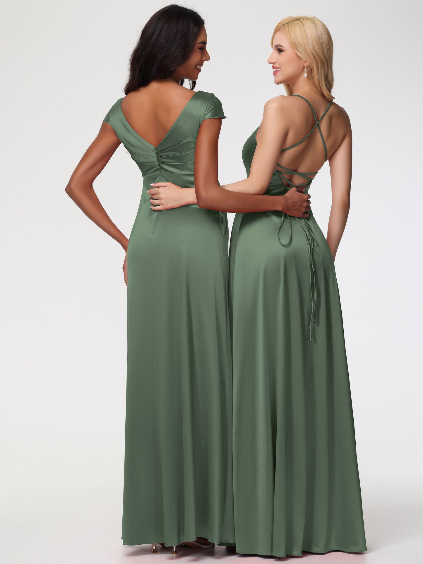 Bridesmaid Dresses In Olive Green V-Neck Minimalist Cap Sleeves A Line Stretch Satin Bridesmaid Dress