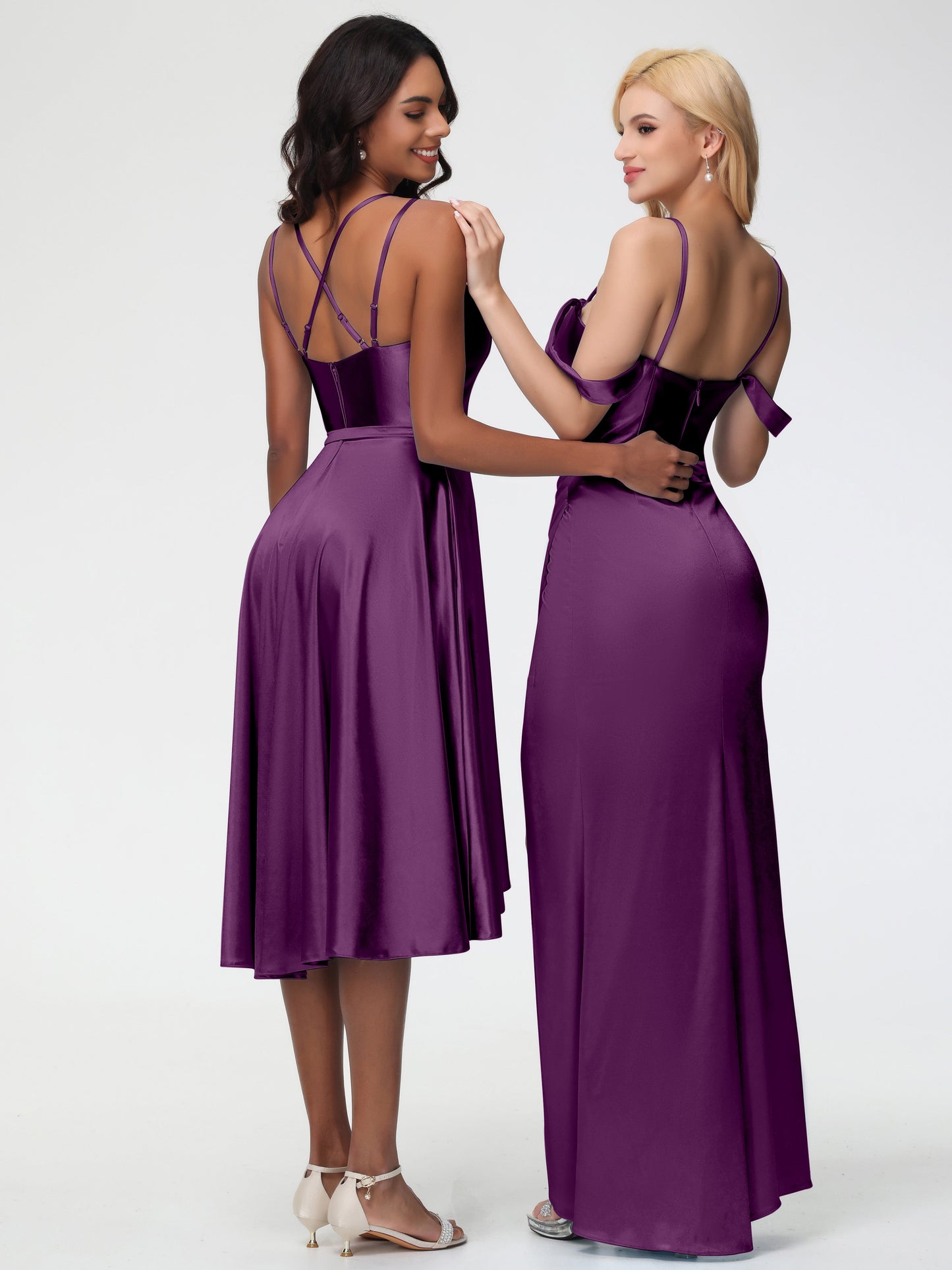 Grape Colour Bridesmaid Dresses A Line High Low Spaghetti Straps Stretch Satin Bridesmaid Dress