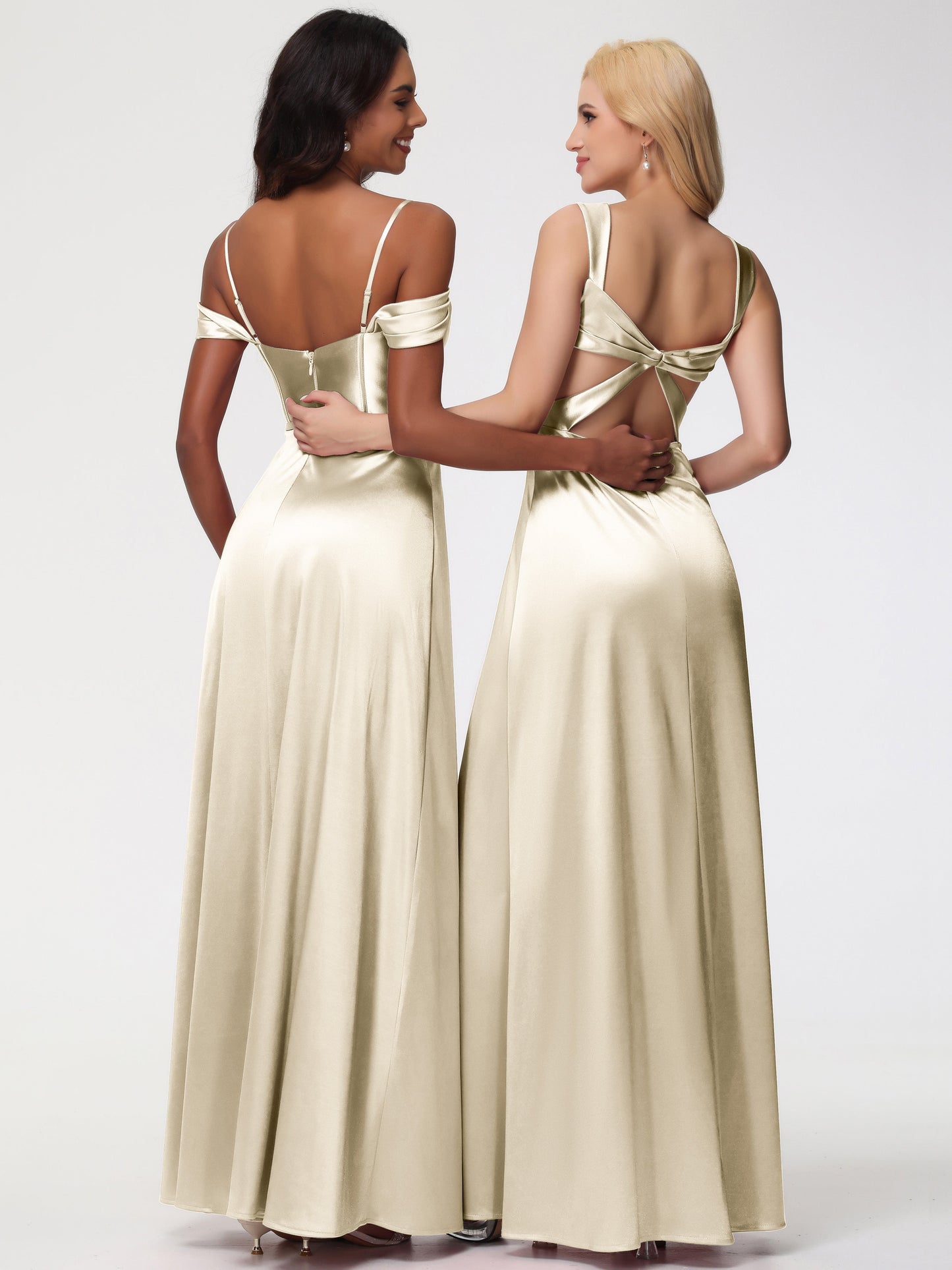 Champagne Bridesmaid Dresses Off The Shoulder Sweetheart Spaghetti Straps Long Stretch Satin Bridesmaid Dress