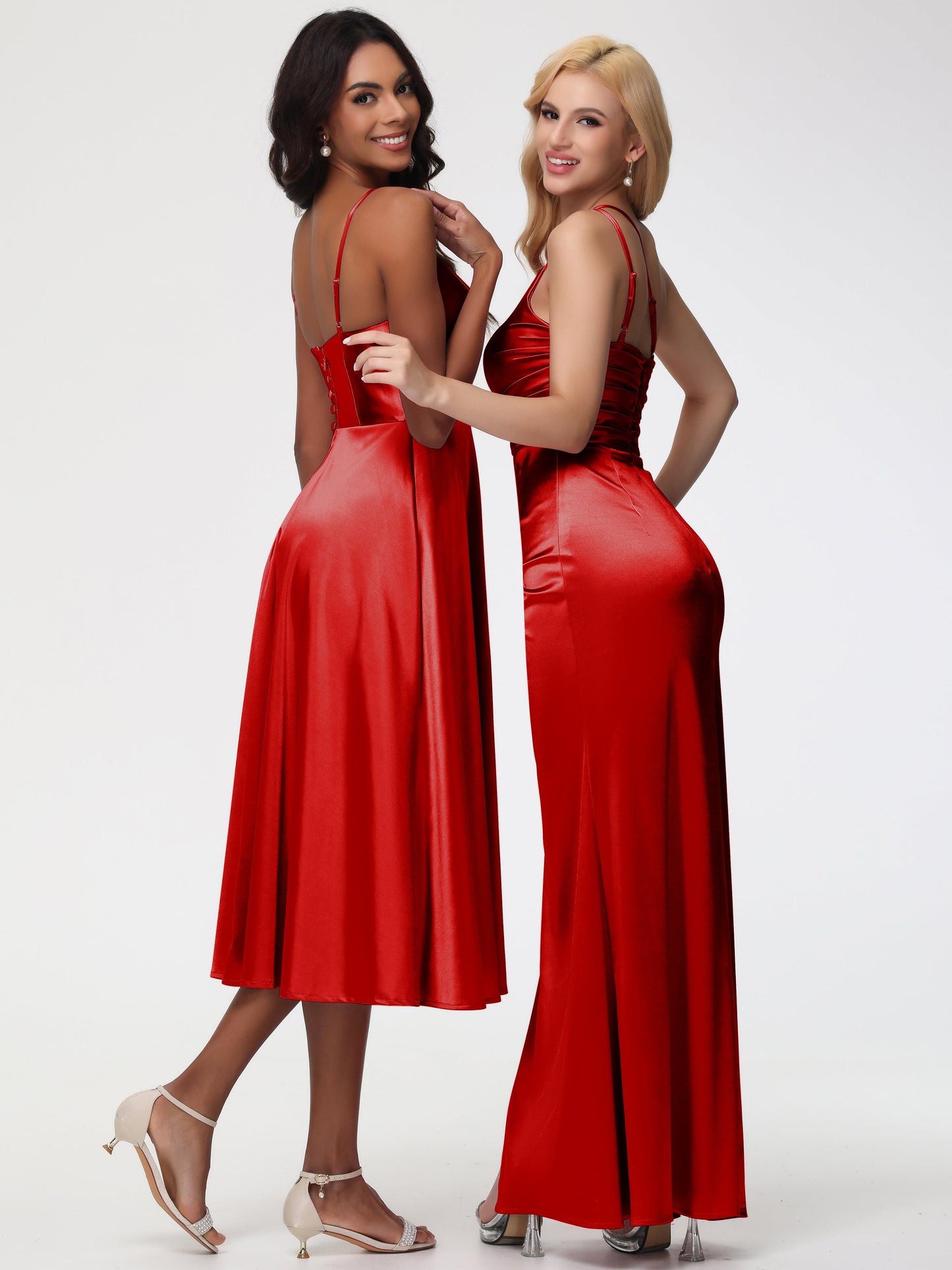 Red Bridesmaid Dresses Girls Stretch Satin Simple A Line Spaghetti Straps Tea Length Bridesmaid Dress