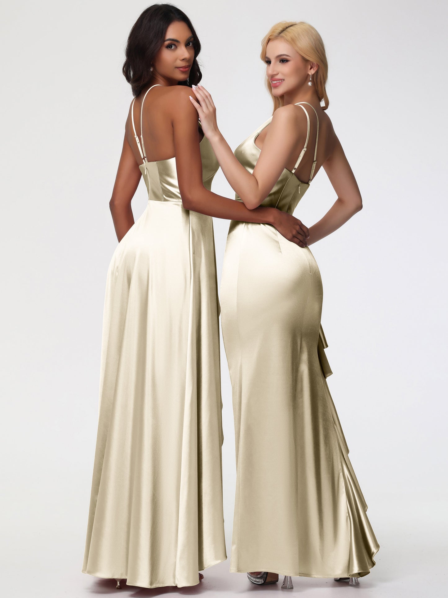 Champagne Bridesmaid Dresses Asymmetrical V-Neck Spaghetti Straps Floor Length Stretch Satin Bridesmaid Dress