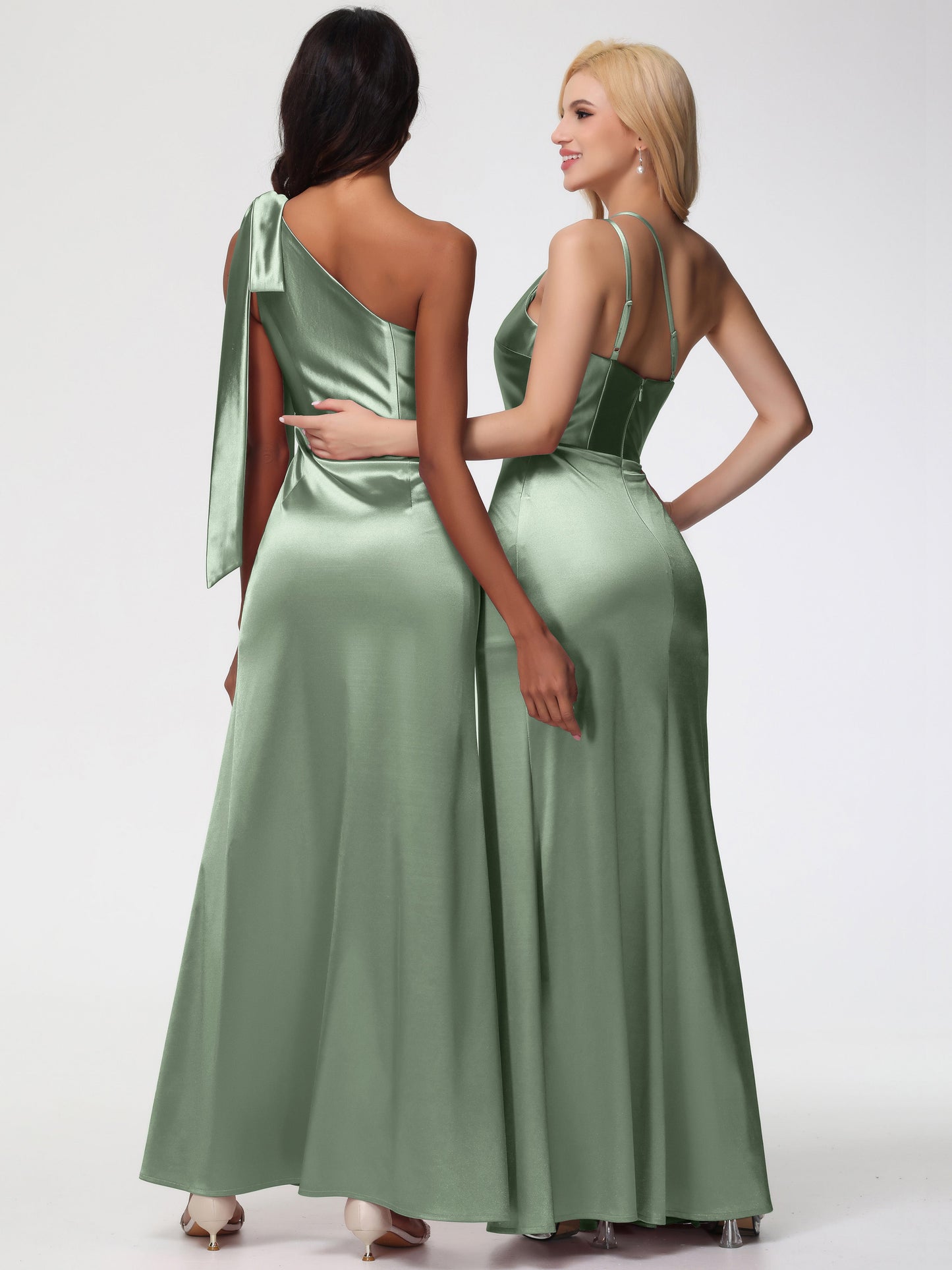 Dusty Sage Dress Bridesmaid Elegant One Shoulder Stretch Satin Sleeveless Sheath/Column Bridesmaid Dresses