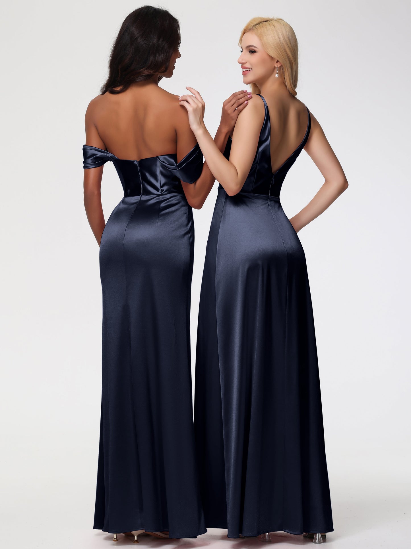Dark Navy Blue Bridesmaid Dress Sheath/Column Off The Shoulder Minimalist Slit Stretch Satin Long Bridesmaid Dresses