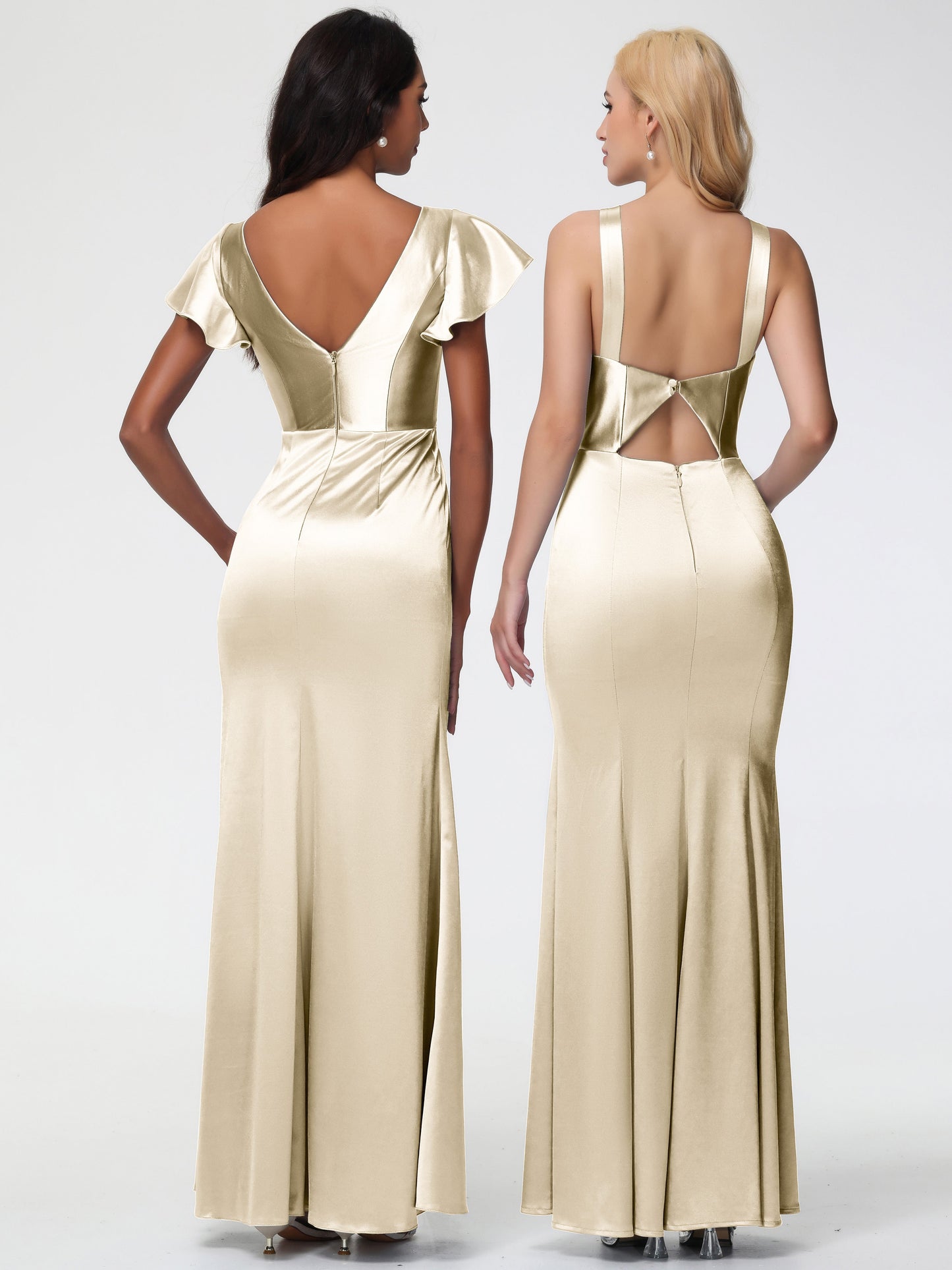 Champagne Bridesmaids Dresses Trumpet/Mermaid Short Sleeve V-Neck Floor Length Bridesmaid Dresses