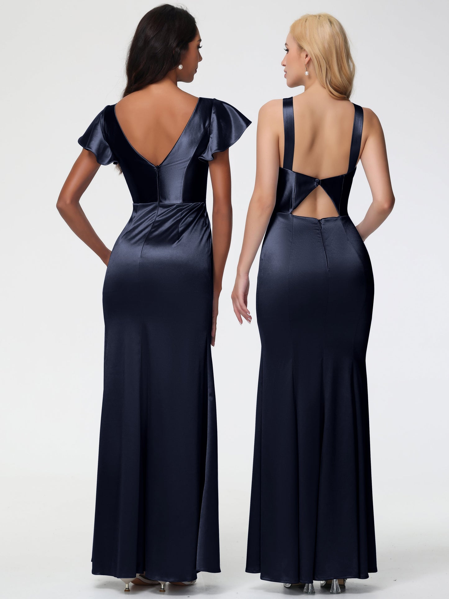 Dark Navy Bridesmaids Dresses Trumpet/Mermaid Short Sleeve V-Neck Floor Length Bridesmaid Dresses