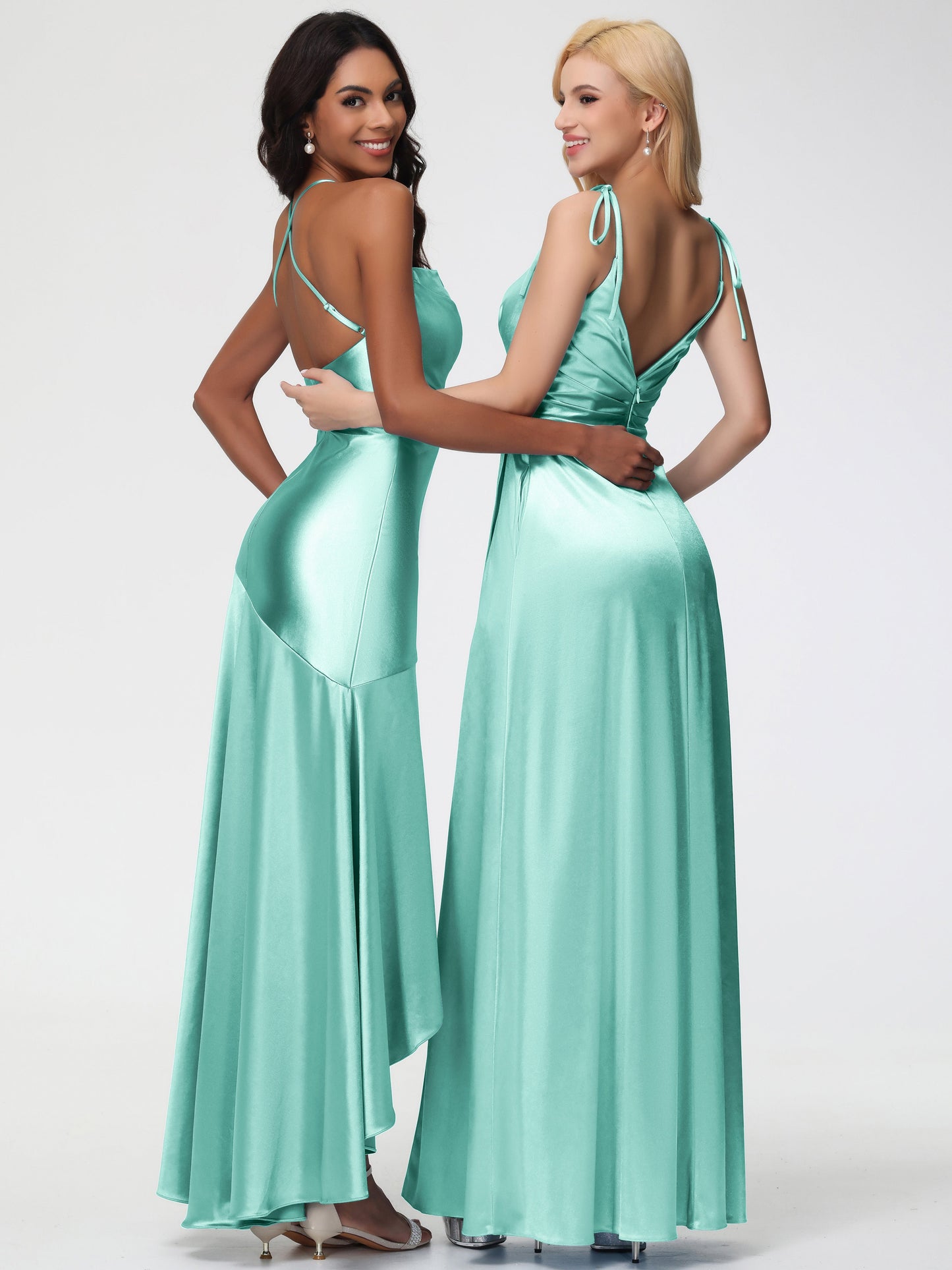 Bridesmaid Mint Green Dress Spaghetti Straps Halter Sleeveless Zipper Long Stretch Satin Bridesmaid Dresses With Split