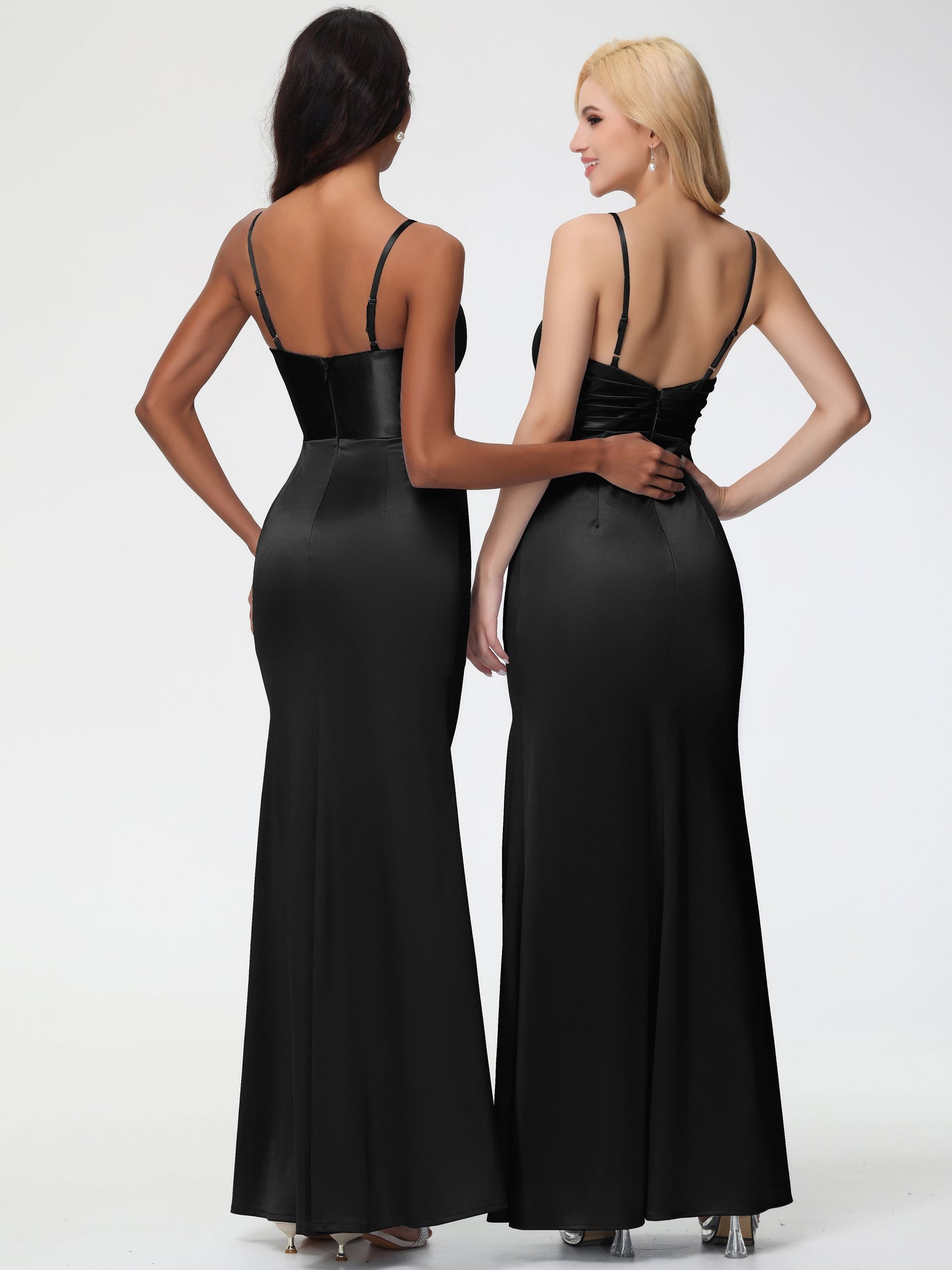 Black V Neck Bridesmaid Dress V-Neck Sleeveless Spaghetti Straps Trumpet/Mermaid Split Stretch Satin Bridesmaid Dresses