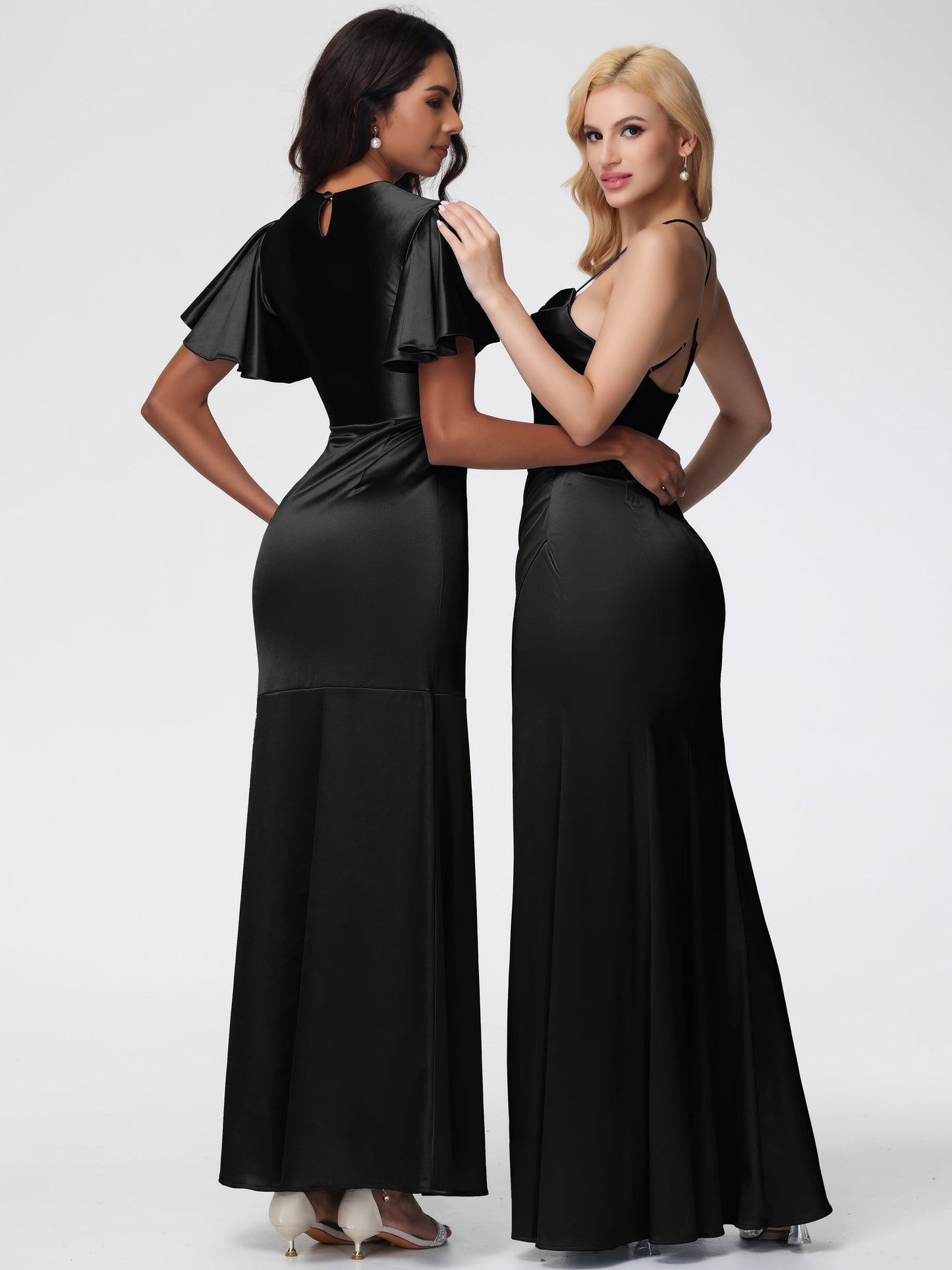 Bridesmaid Black Dresses Sleeveless Cowl Spaghetti Straps Trumpet/Mermaid Split Stretch Satin Bridesmaid Dresses