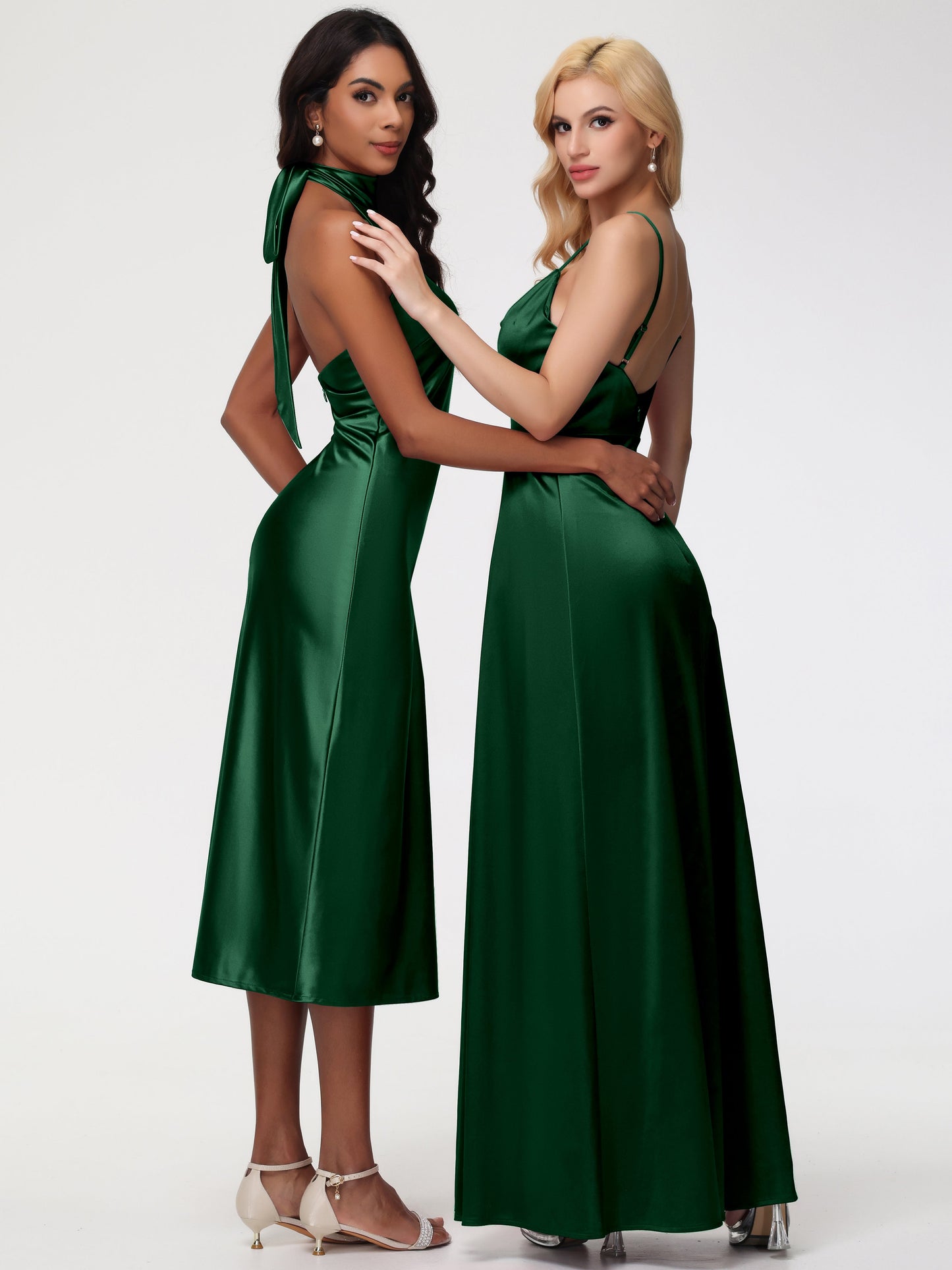 Dark Green Satin Bridesmaid Dresses Tea-Length High Neck Sleeveless Stretch Satin Bridesmaid Dresses