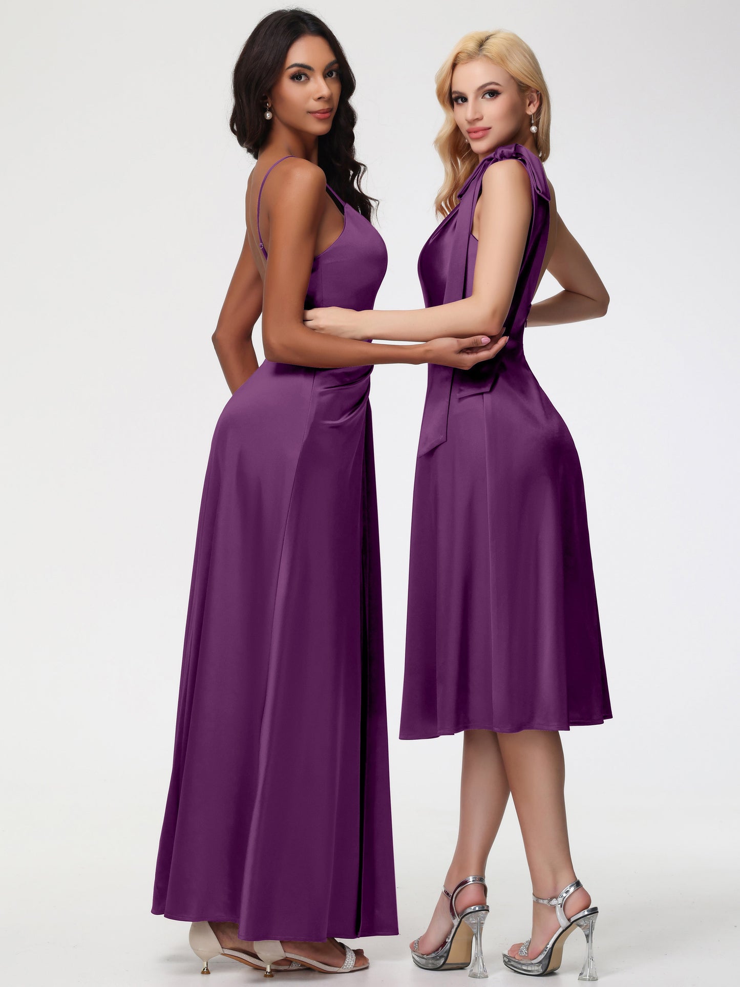 Grape Bridesmaid One Shoulder Tea-Length Sleeveless A-Line Stretch Satin Bridesmaid Dresses