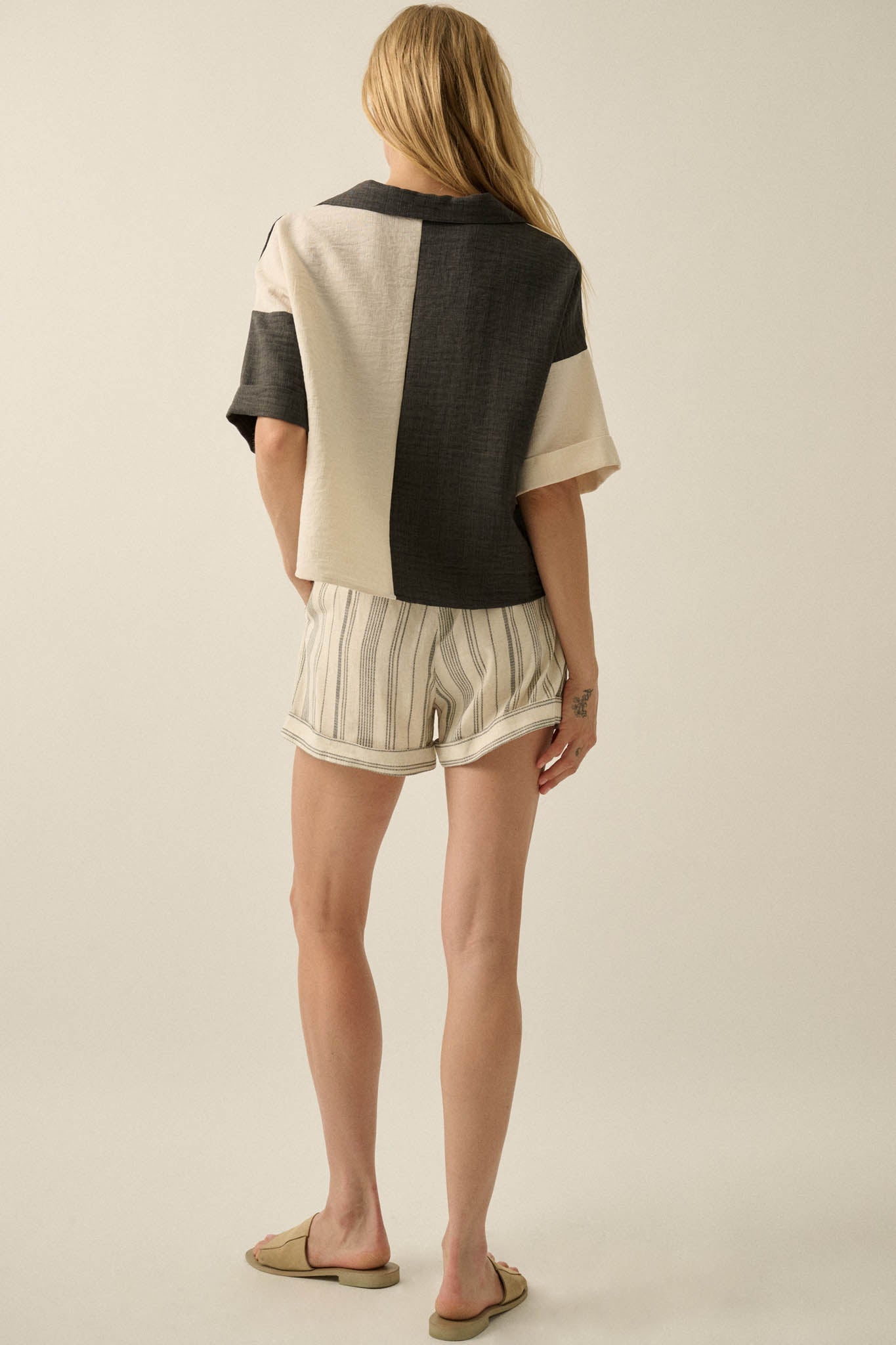 Get Along Pinstripe Pleated Cuffed Pocket Shorts
