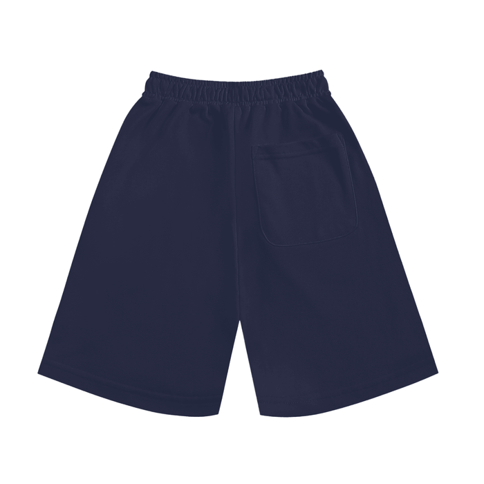 Navy blue casual shorts with elastic waistband and back pocket, ideal for streetwear style