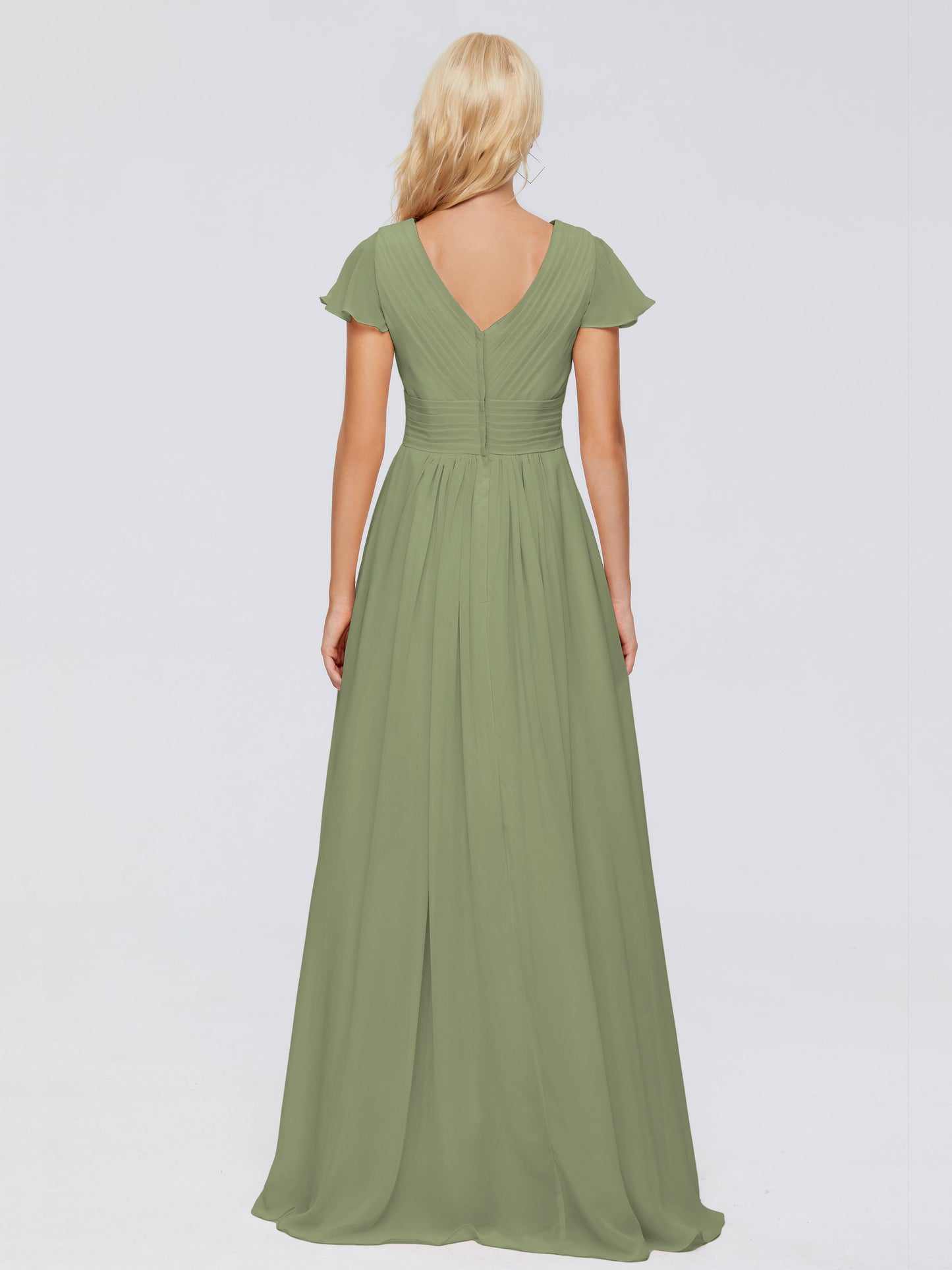 Olive Green Bridesmaid Dress A-Line V Neck Short Sleeves Long Chiffon Bridesmaid Dresses