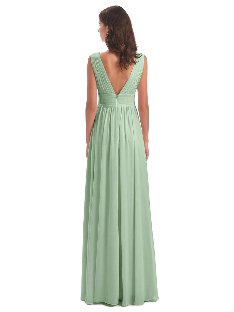 Dusty Sage Green Bridesmaid Dress A Line Floor Length V Neck Chiffon Bridesmaid Dresses with Slit
