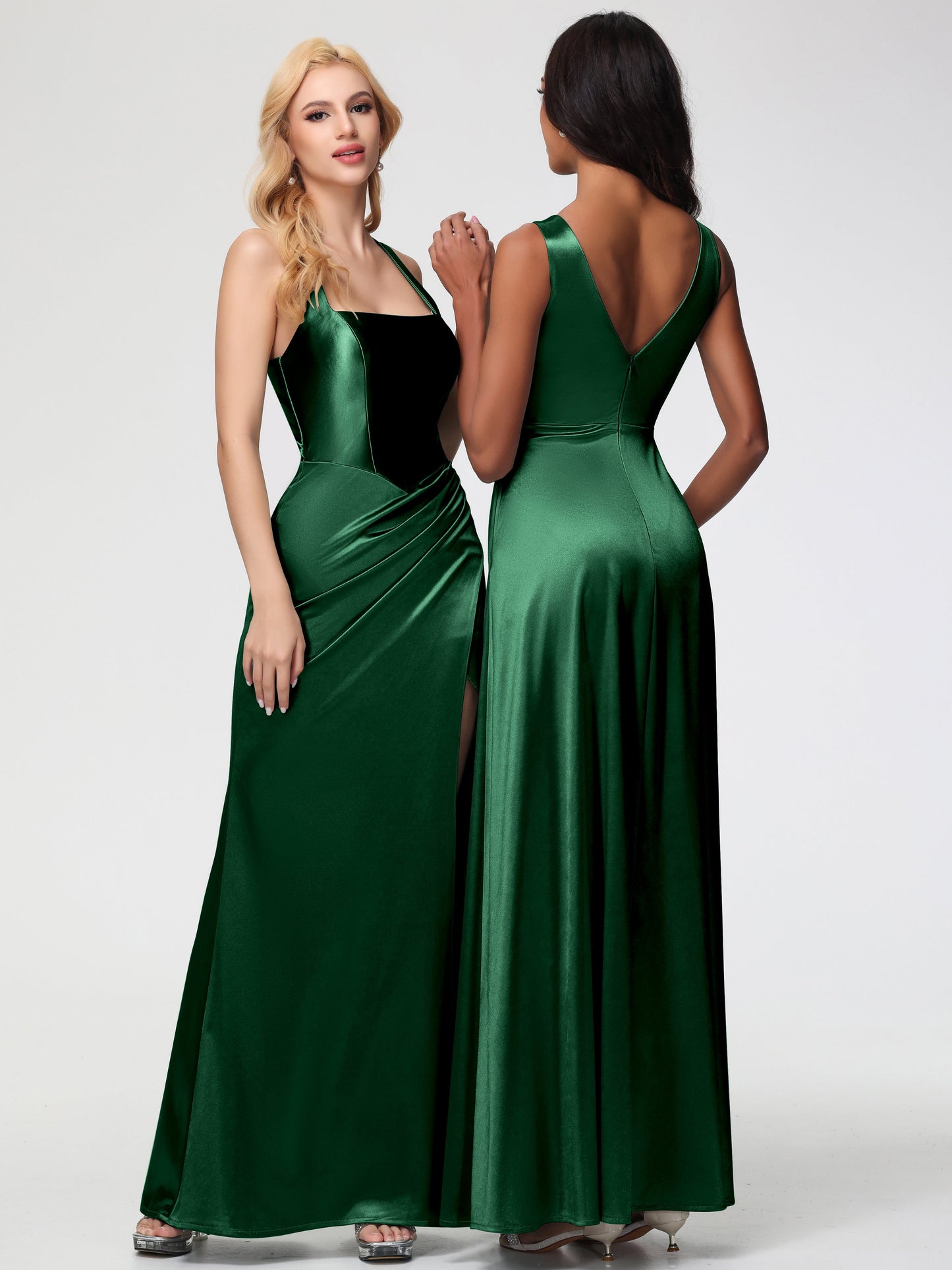 Dark Green Bridesmaid Dresses Straps Ruched Floor Length Sheath Bridesmaid Dress With Slit