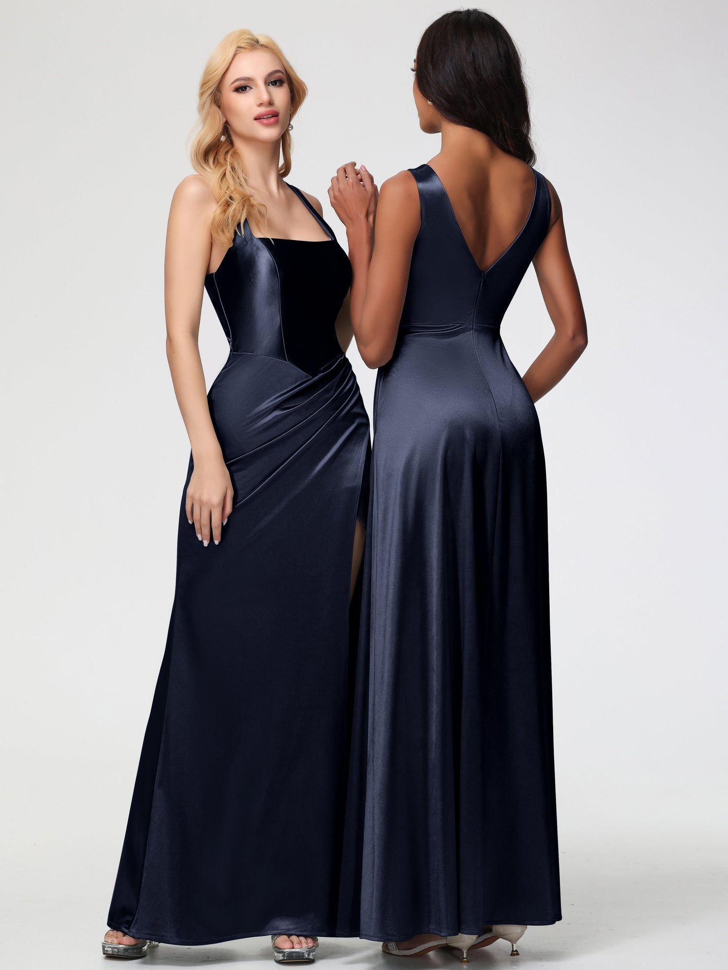 Dark Navy Bridesmaid Dresses Straps Ruched Floor Length Sheath Bridesmaid Dress With Slit