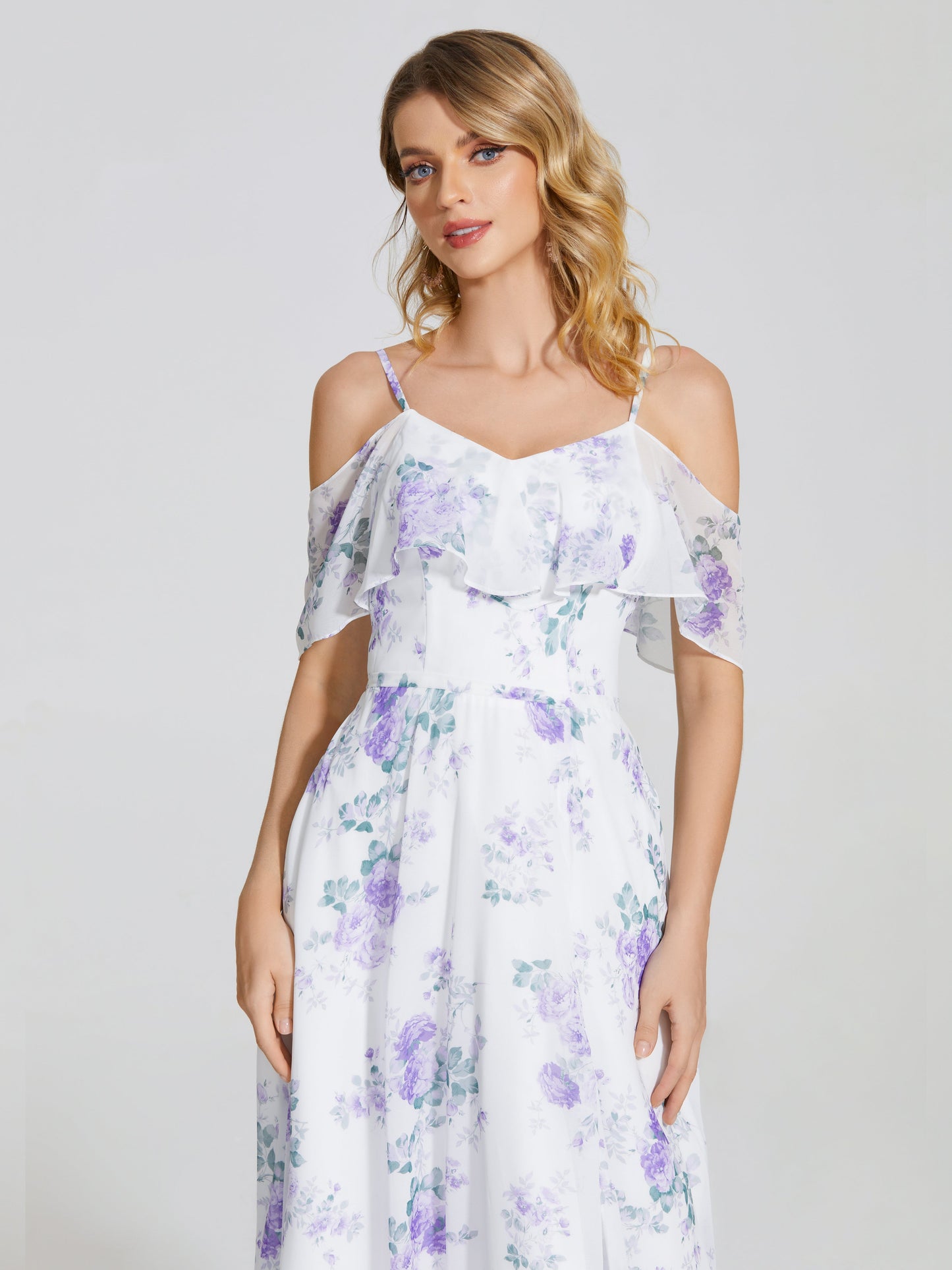 Catalina Off-Shoulder Ruffled Floral Print Bridesmaid Dress