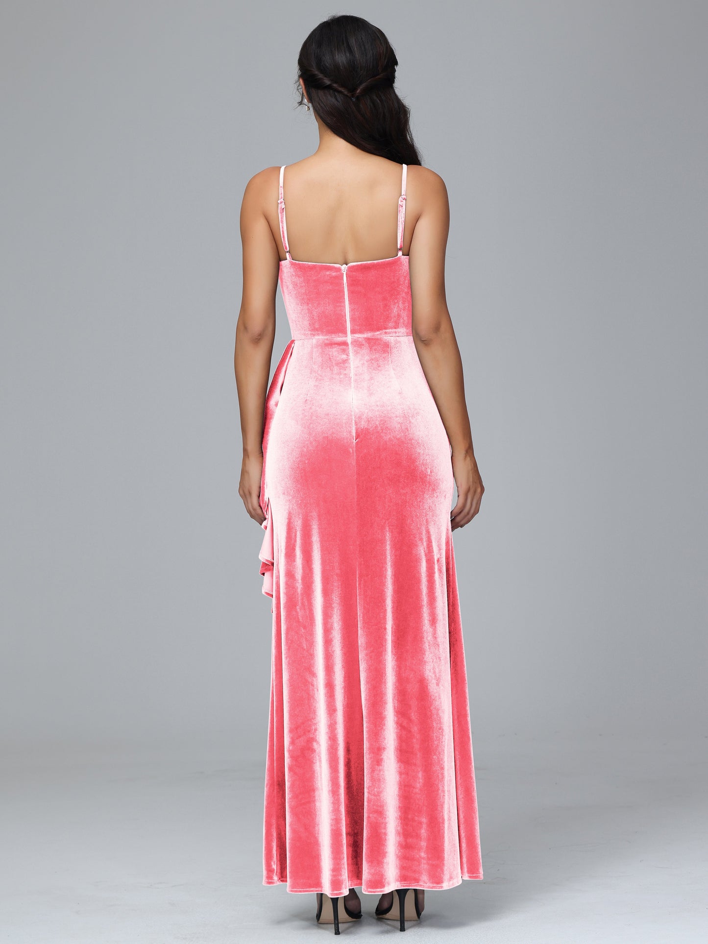 Spaghetti Straps V Neck Velvet Bridesmaid Dress With Slit