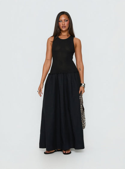 Carlene Shirred Drop Waist Maxi Dress Black