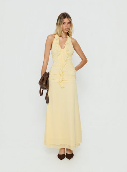 Leyda Plunge Frill Maxi Dress Yellow