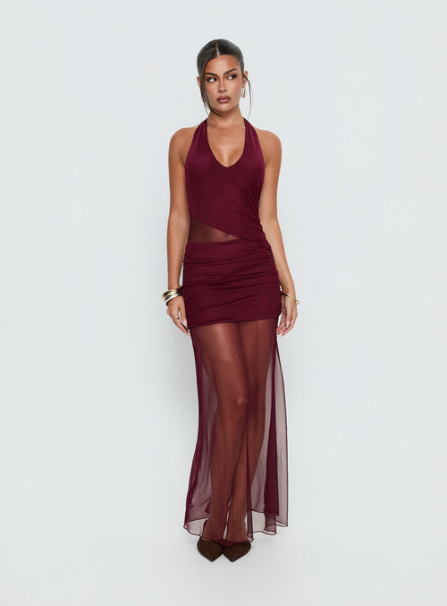 Desta Halter Sheer Maxi Dress Burgundy