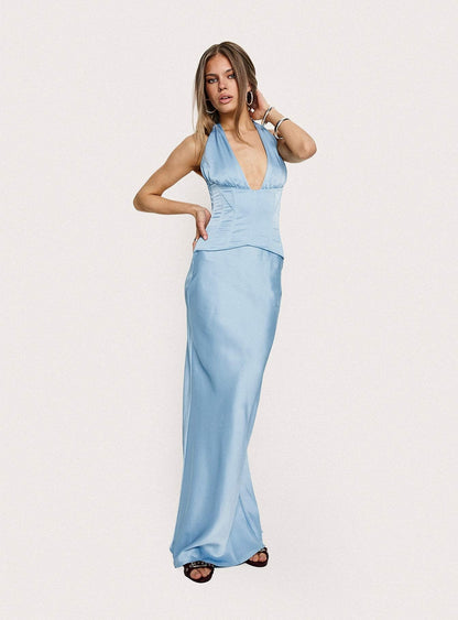 In A Trance Halter Corset Maxi Dress Blue