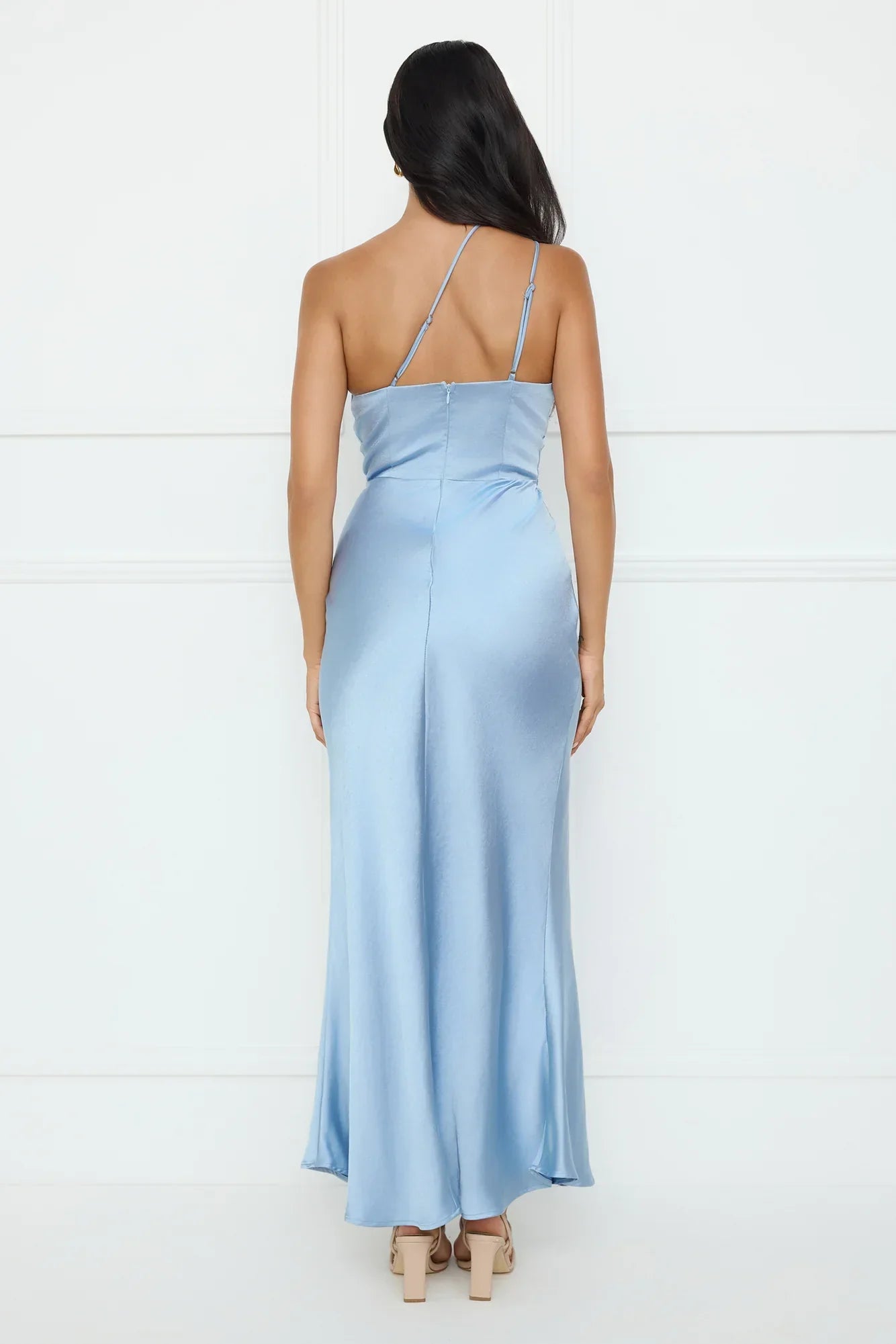 Show You Love One Shoulder Satin Maxi Dress Blue