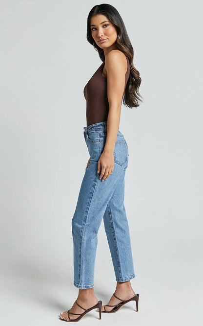 Chandler Jeans - High Waisted Crop Straight Jeans in Mid Blue Wash