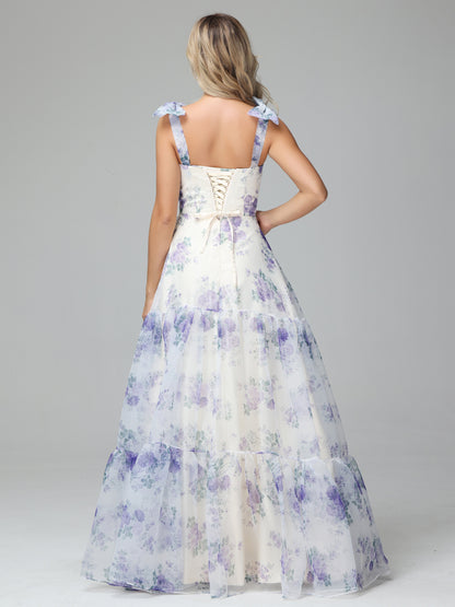 Elegant Floral Print Lace Up Floor Length Bridesmaid Dresses