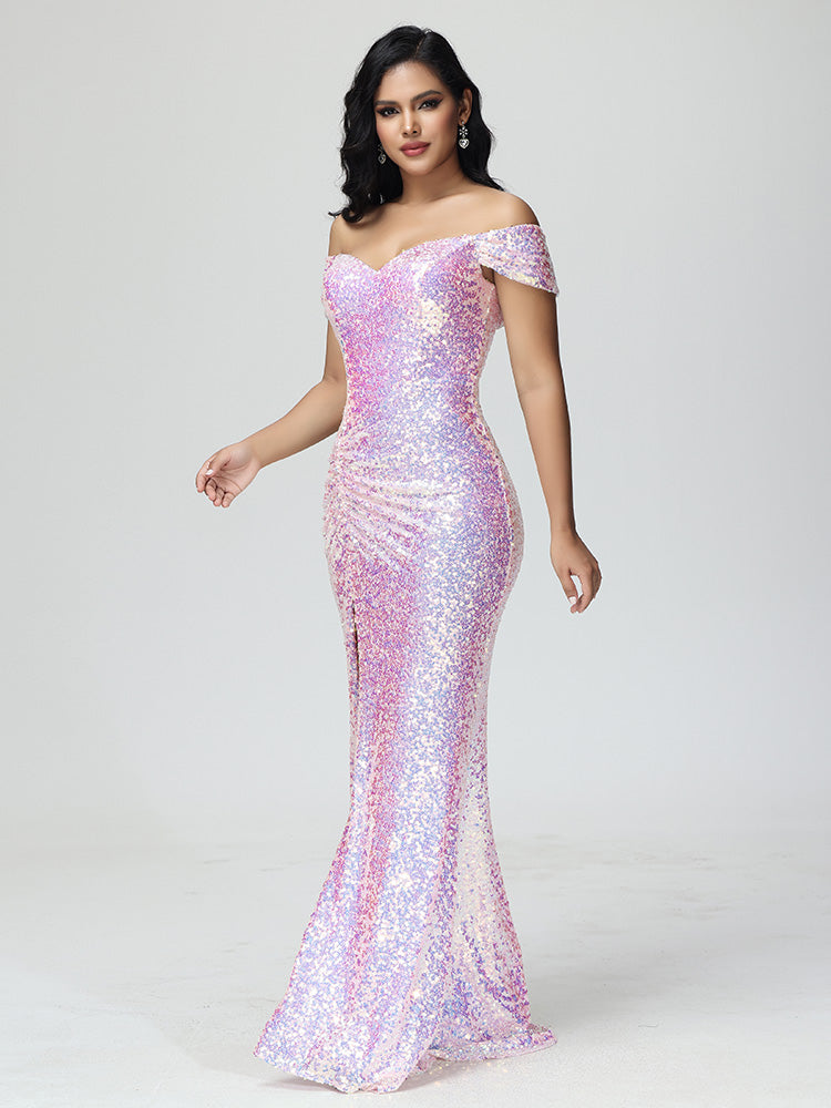 Sparkle Off The Shoulder Mermaid Sequins Bridesmaid Dress With Slit