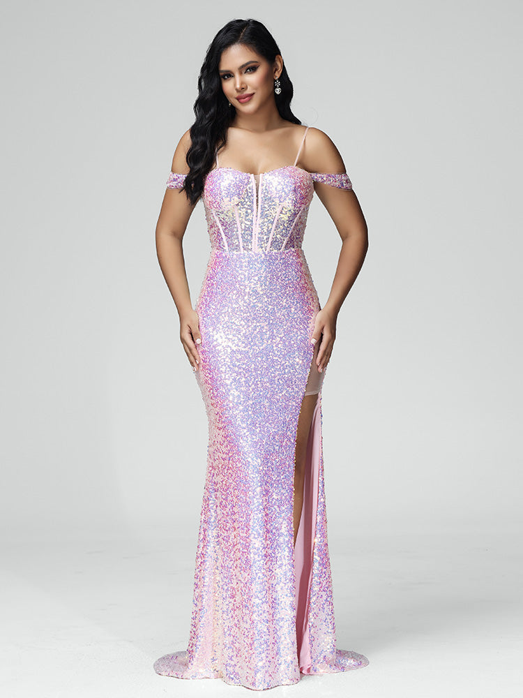 Off Shoulder Lace Up Sequins Bridesmaid Dress With Slit